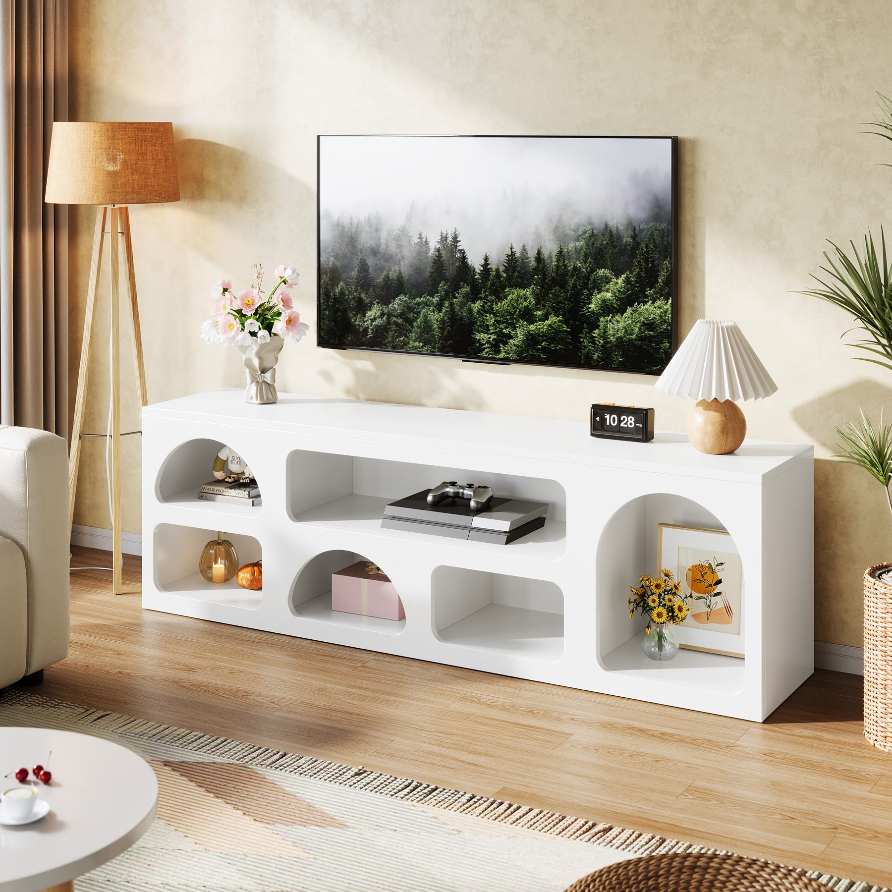 63" TV Stand for 60 to 70 Inch TVs, Modern White Media Console with 6 Open Shelves