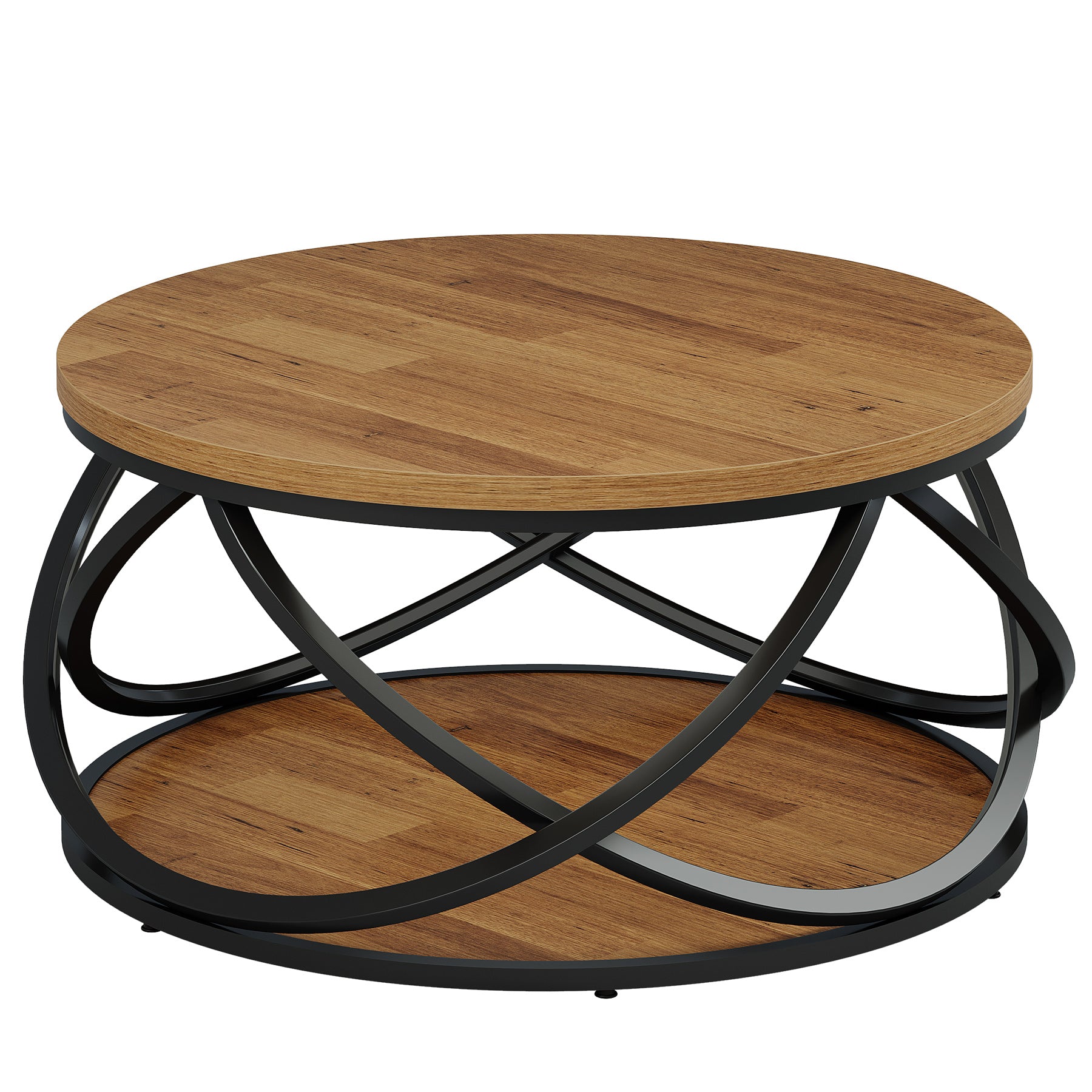 Round Coffee Table, 2-Tier Circle Center Table with Storage Shelves