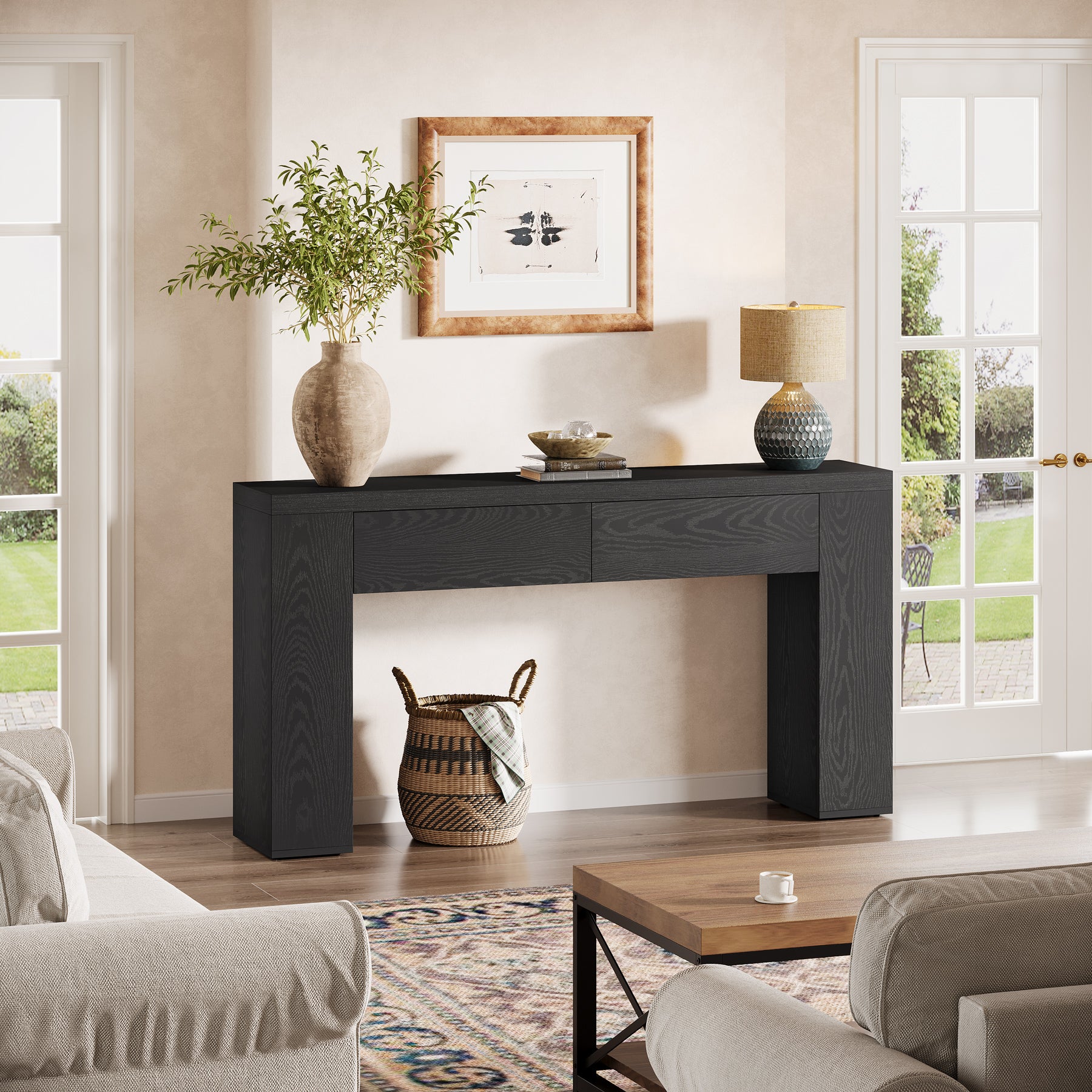 63“ Rustic Console Table with Drawers, Narrow Sofa Table for Hallway or Entryway