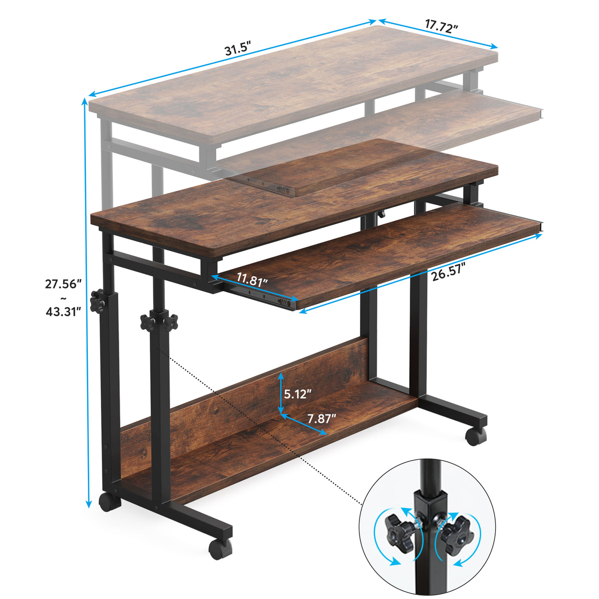 Height Adjustable Desk, Rolling Standing Portable Laptop Table