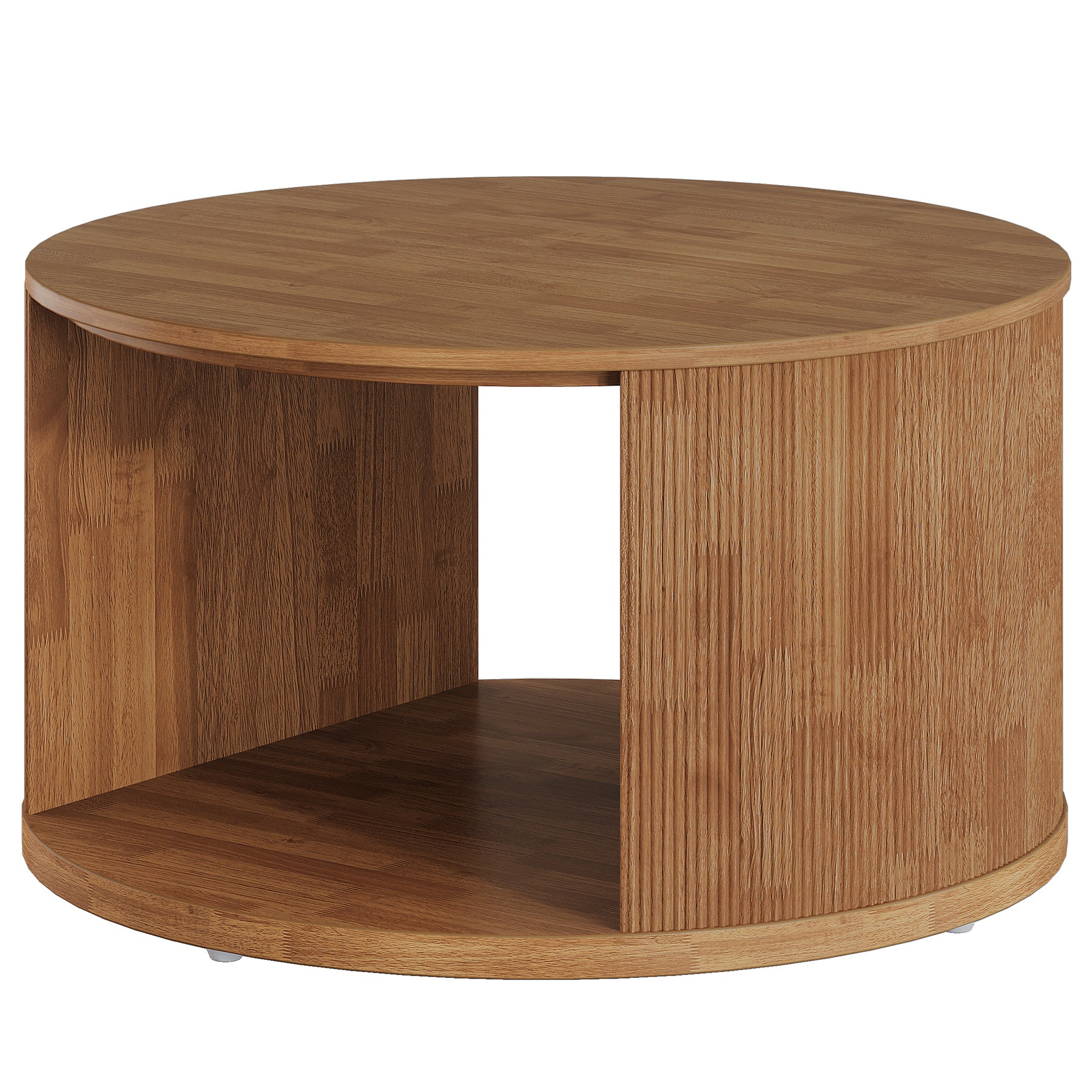 Round Coffee Table, 31.5" Center Table with Fluted Drum Base and Alcove Storage