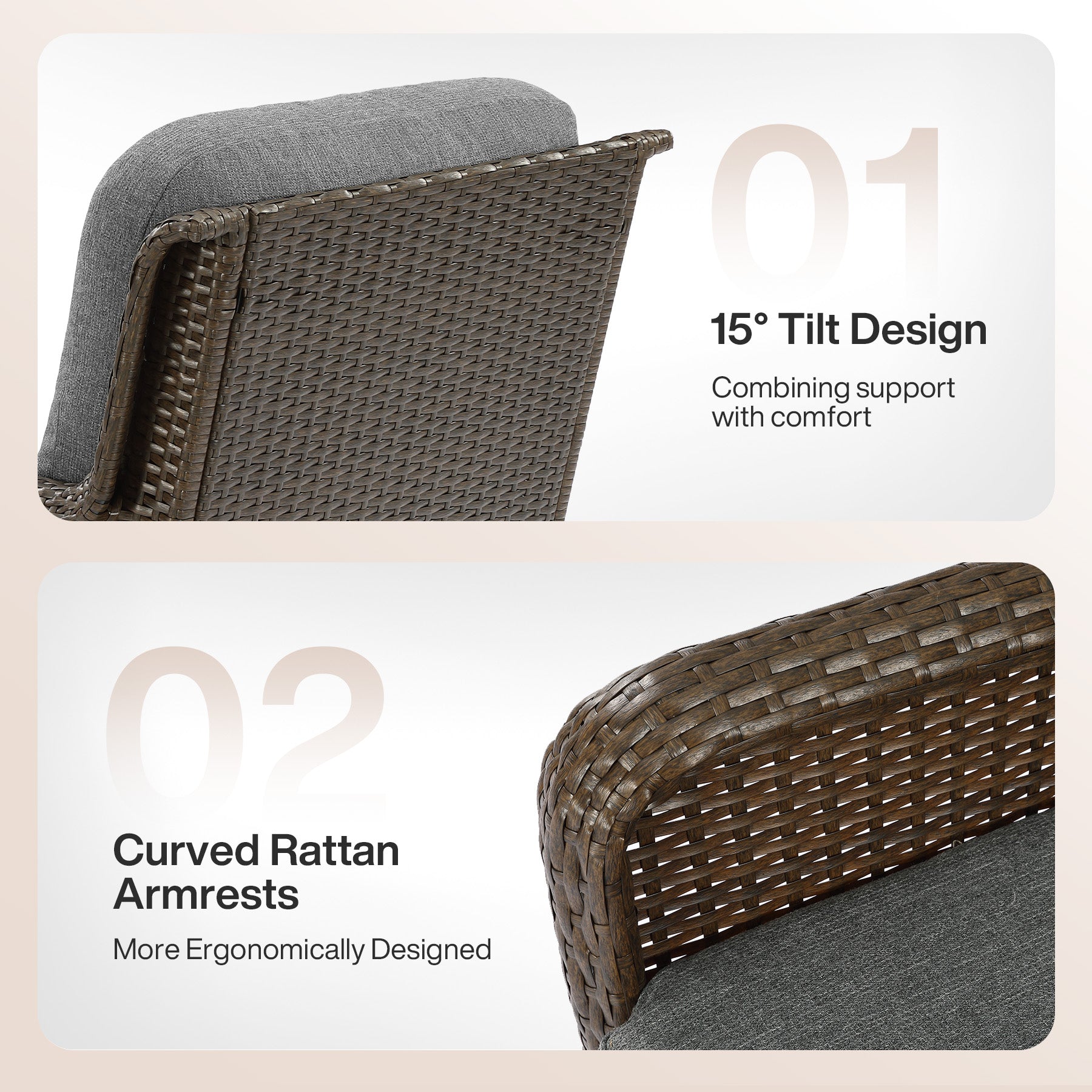 29.53" Outdoor Wicker Swivel Chair, Patio Rattan Rocking Chair with Thick Gray Cushions