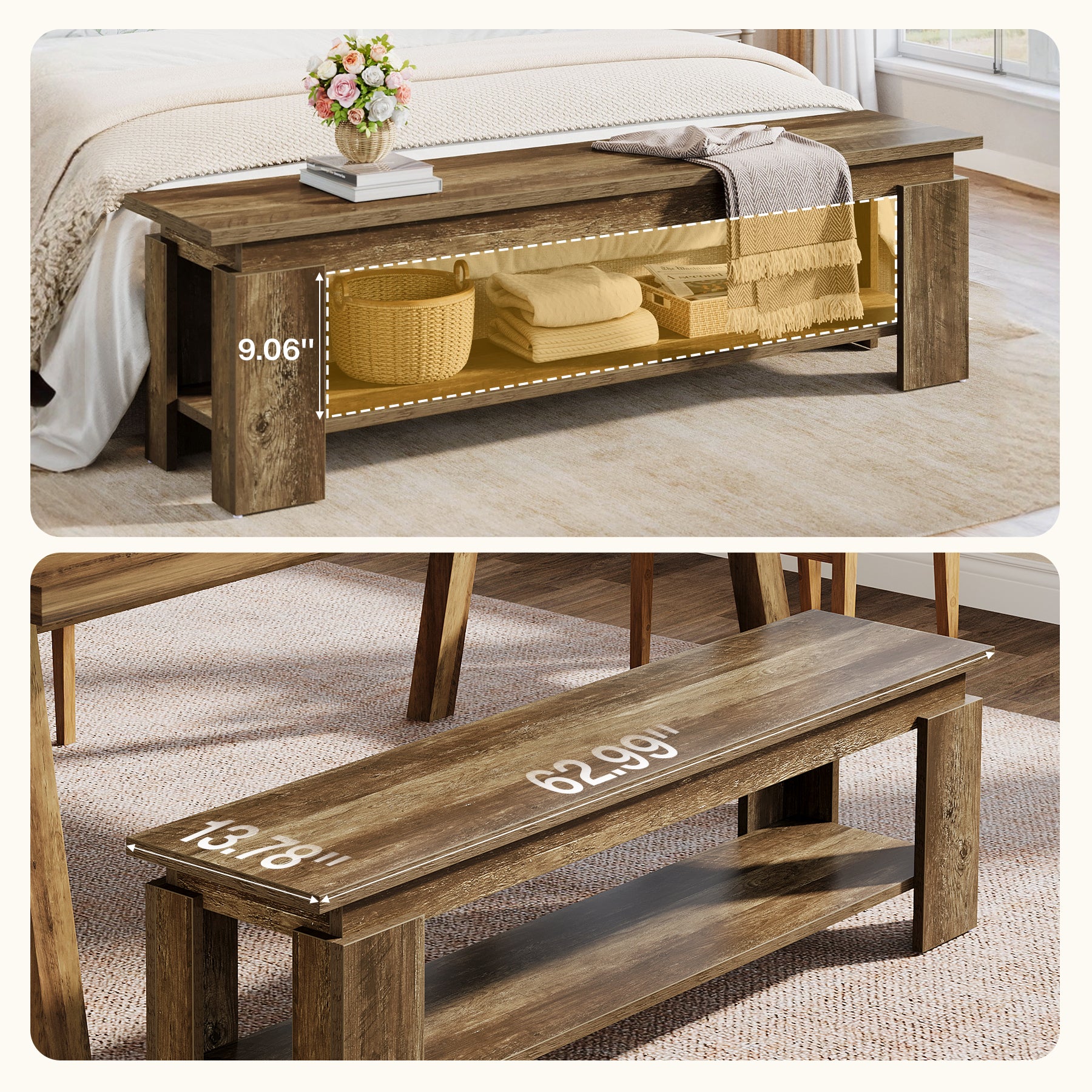 63" Dining Bench for 2-3, Farmhouse Kitchen Bench with Storage Shelf