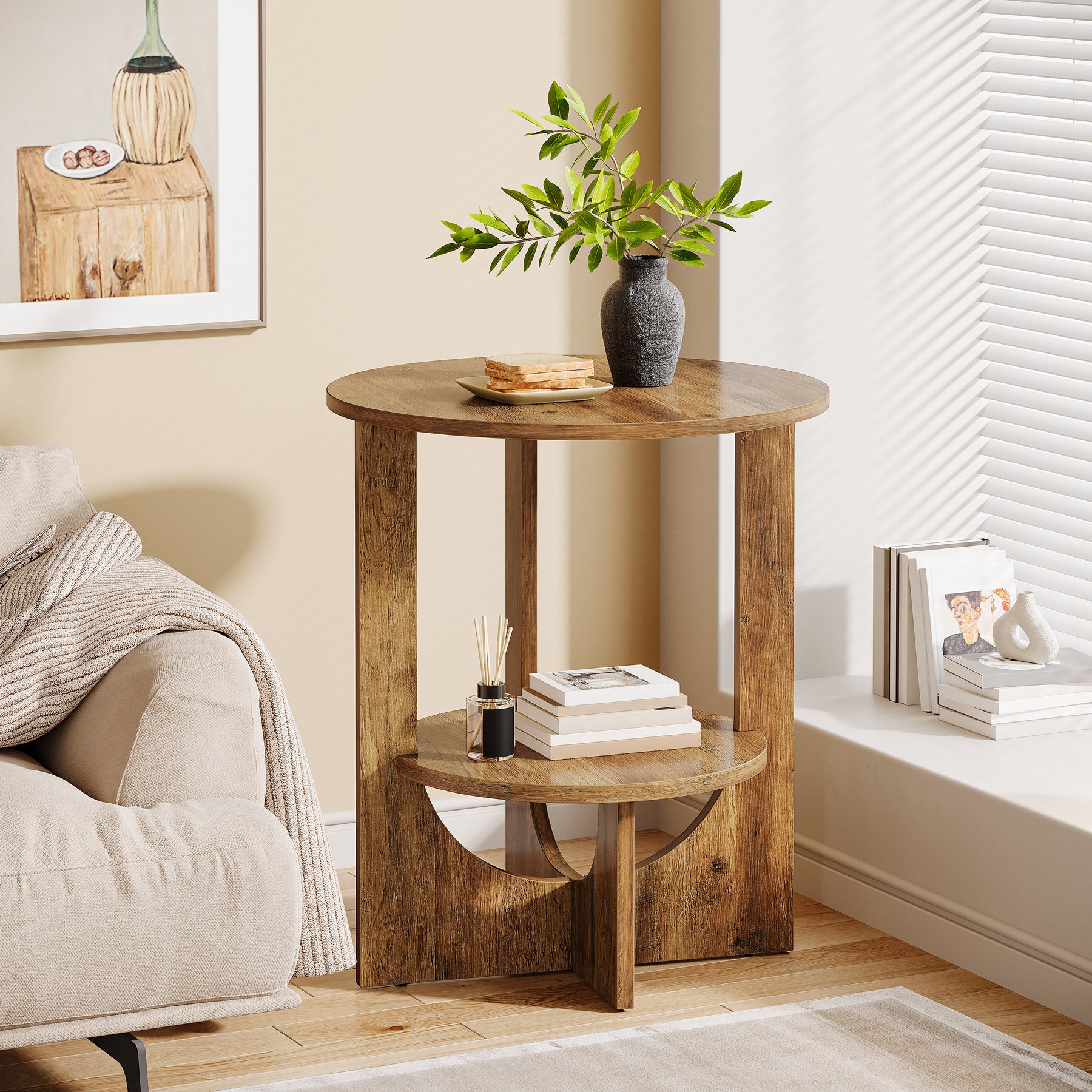 Round End Table, 2-Tier Side Table Nightstand with Storage