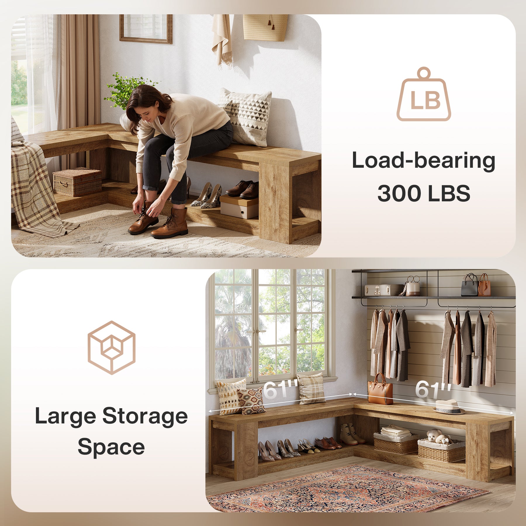 L-Shaped Bench with Storage, Corner Entryway Bench for Living Room