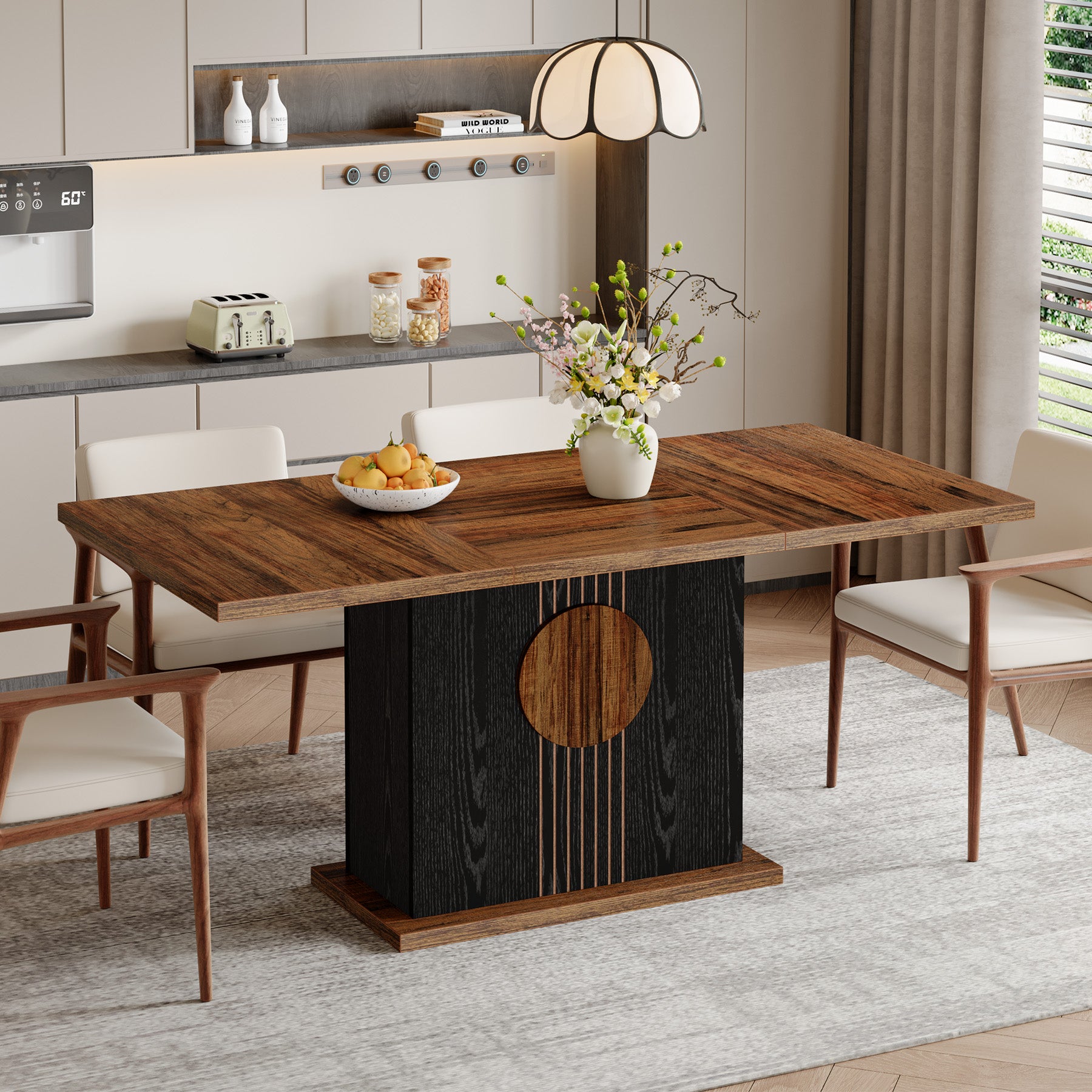 55" Rectangular Dining Table for 4–6 People, Farmhouse Wood Kitchen Table