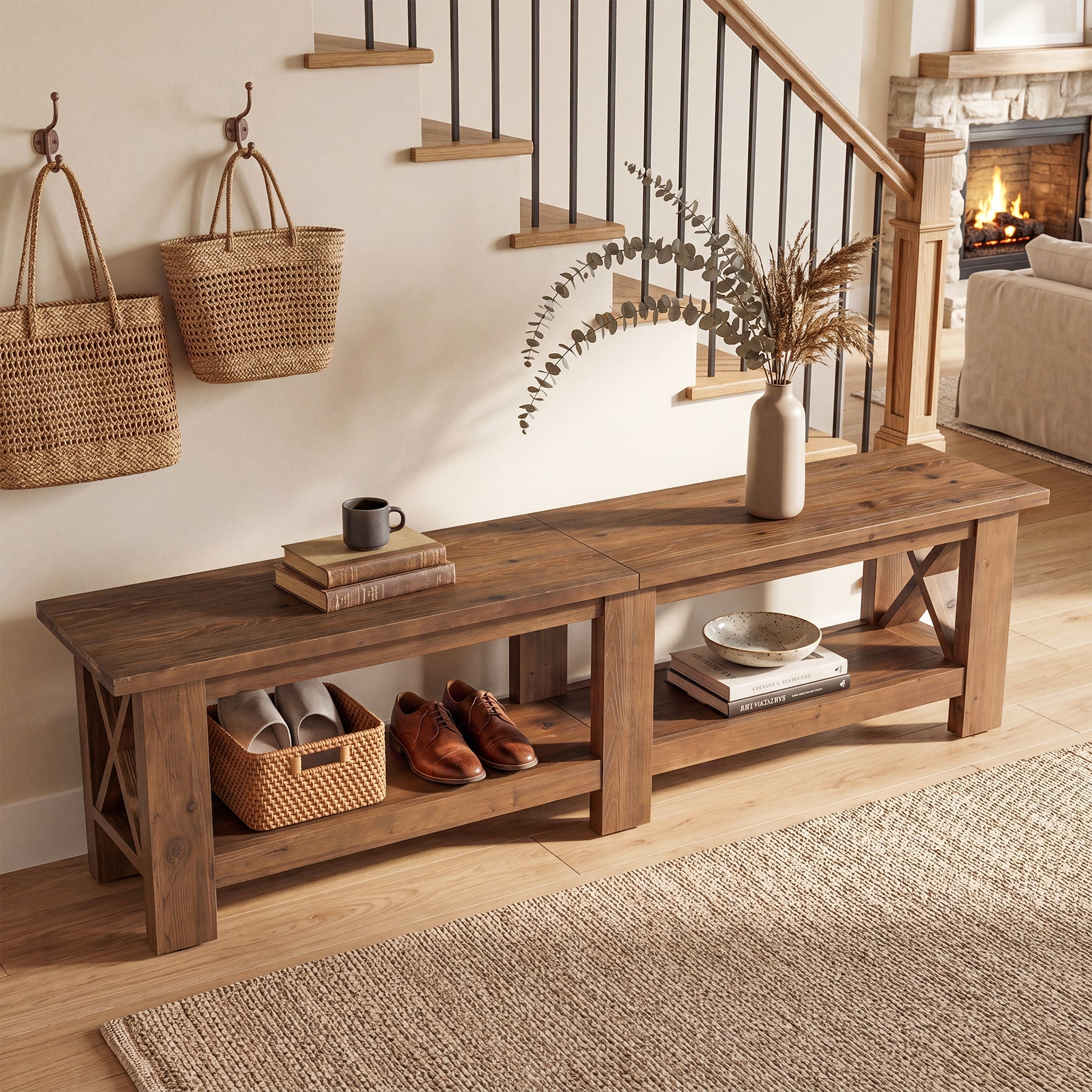 70.87" Solid Wood Entryway Shoe Bench, Farmhouse End of Bed Bench with Storage