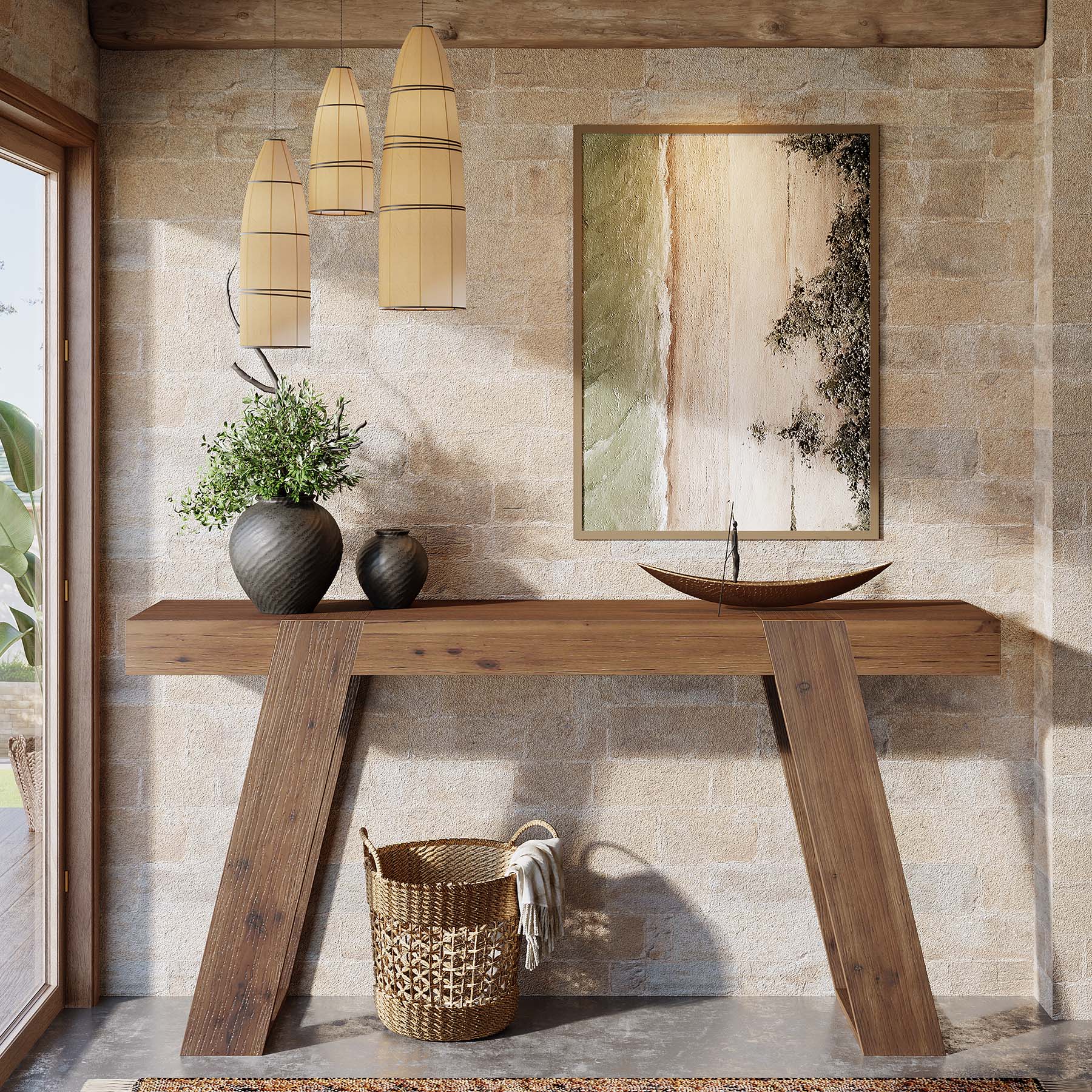 Solid Wood Console Table, 63" Narrow Sofa Table Behind Couch