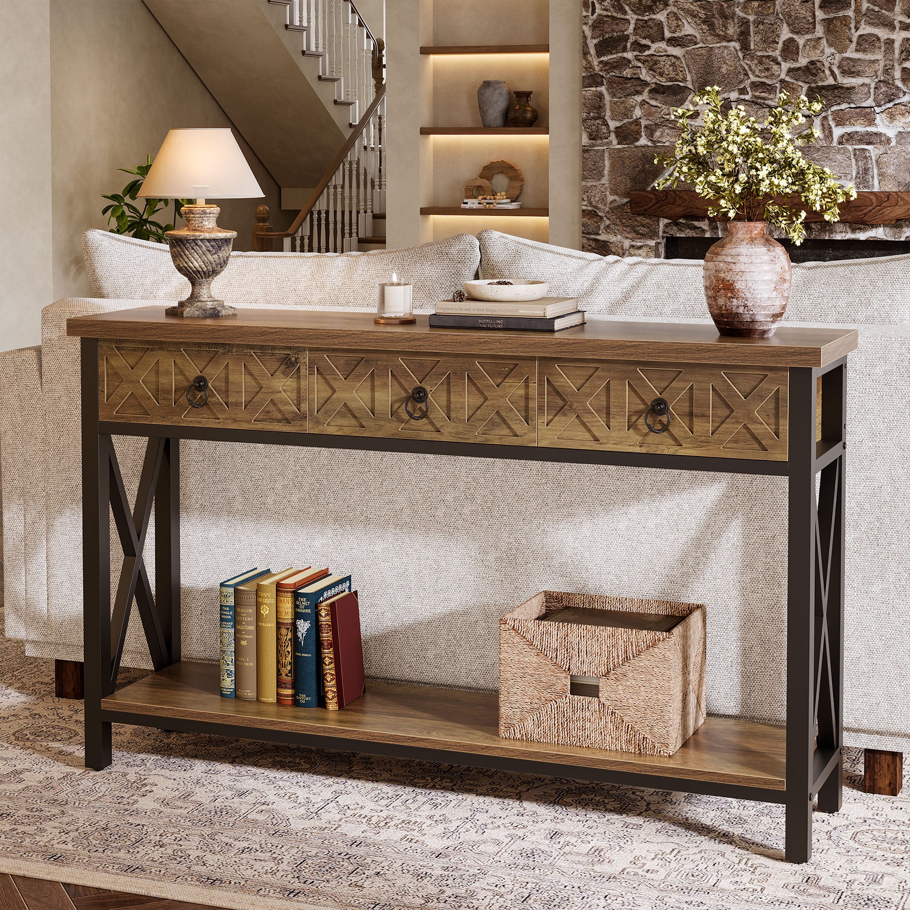 Console Table with 3 Drawers, 55" Entryway Table with 2-Tier Shelf