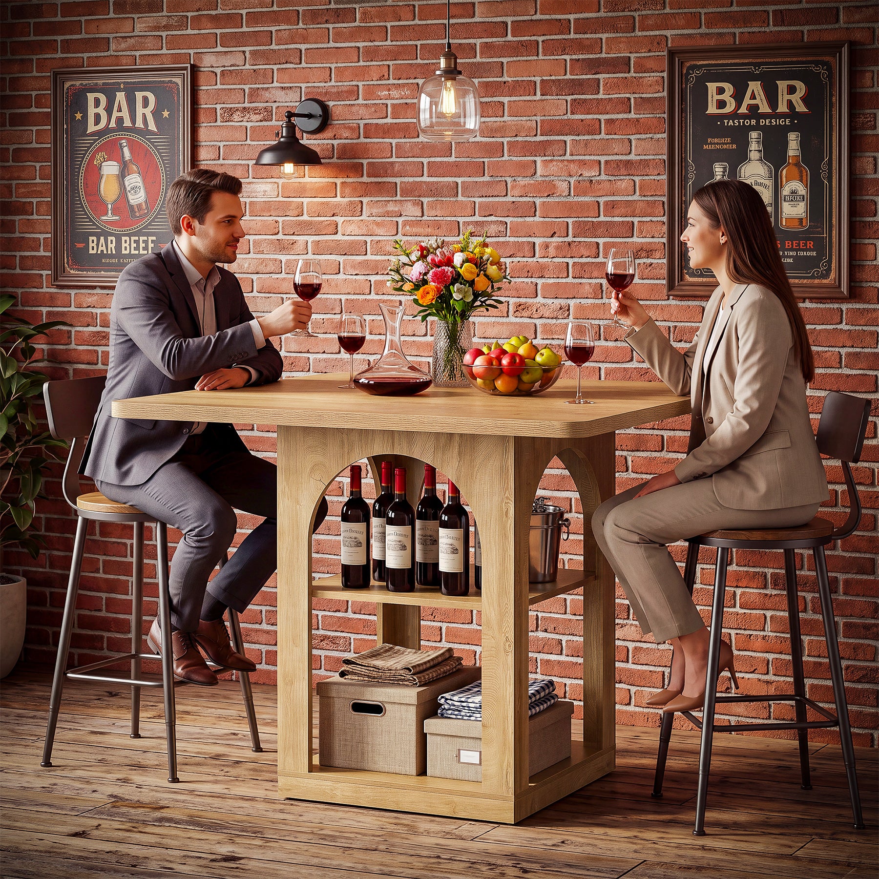 47.2" Square Bar Table, Farmhouse Counter Height Pub Table with Storage Shelves