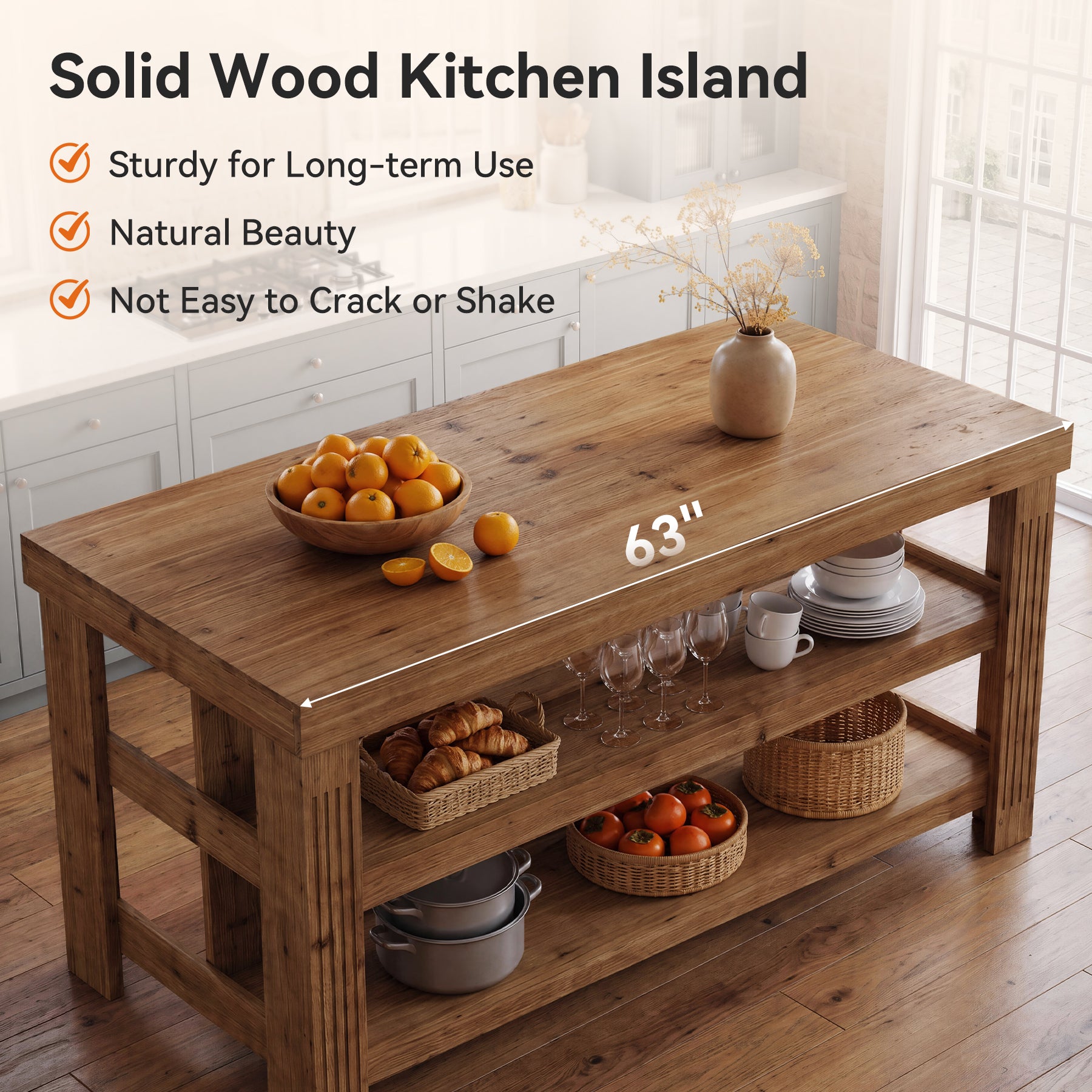 63" Solid Wood Kitchen Island, 3-Tier Farmhouse Stationary Island Table