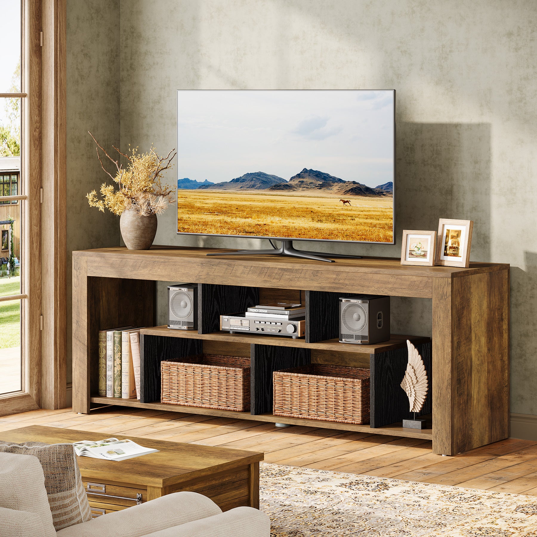 63-Inch TV Stand for 65–75 Inch TV, Rustic Wooden Media Console with Storage Shelves