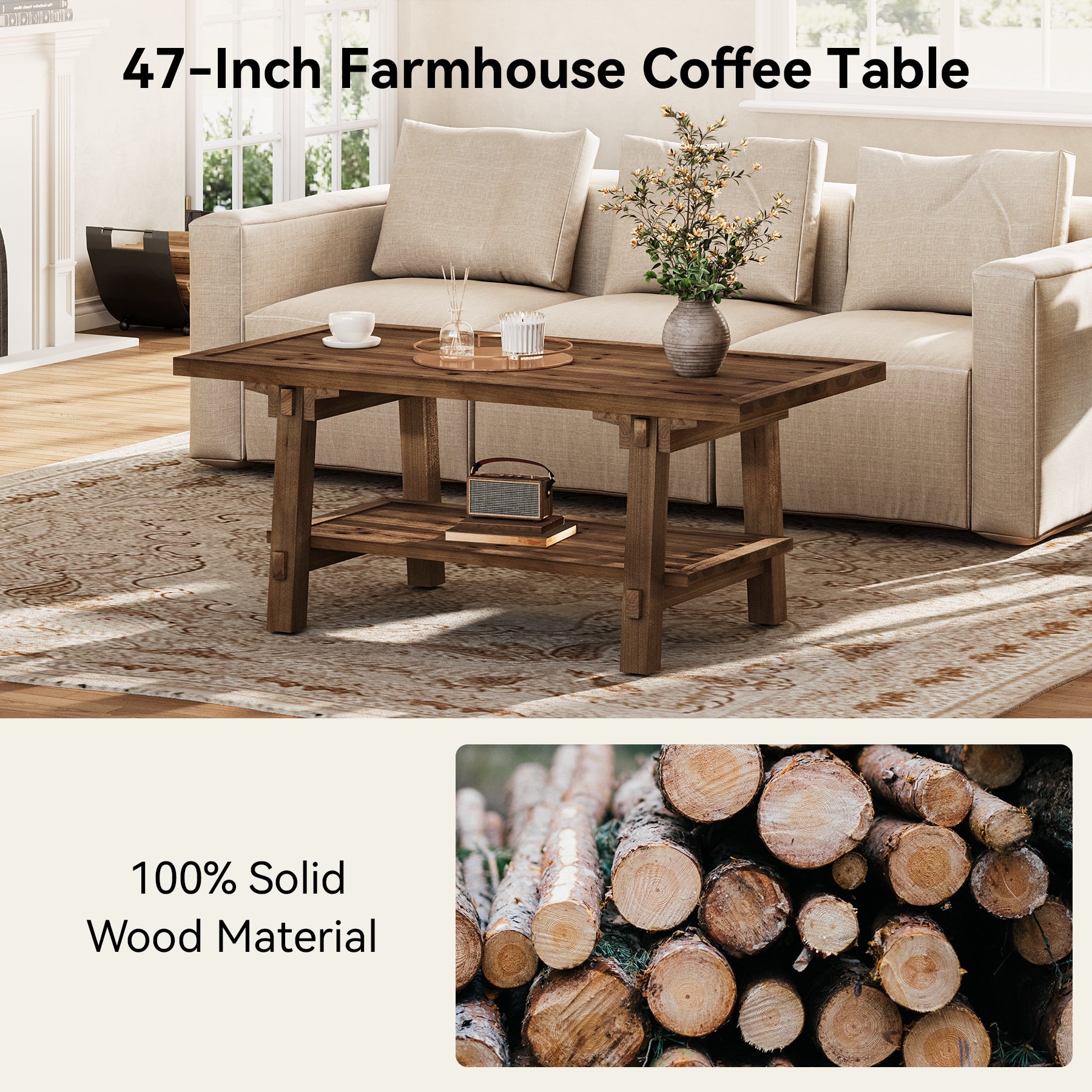 Solid Wood Coffee Table, 47" Rectangle Center Table with 2-Tier Shelves