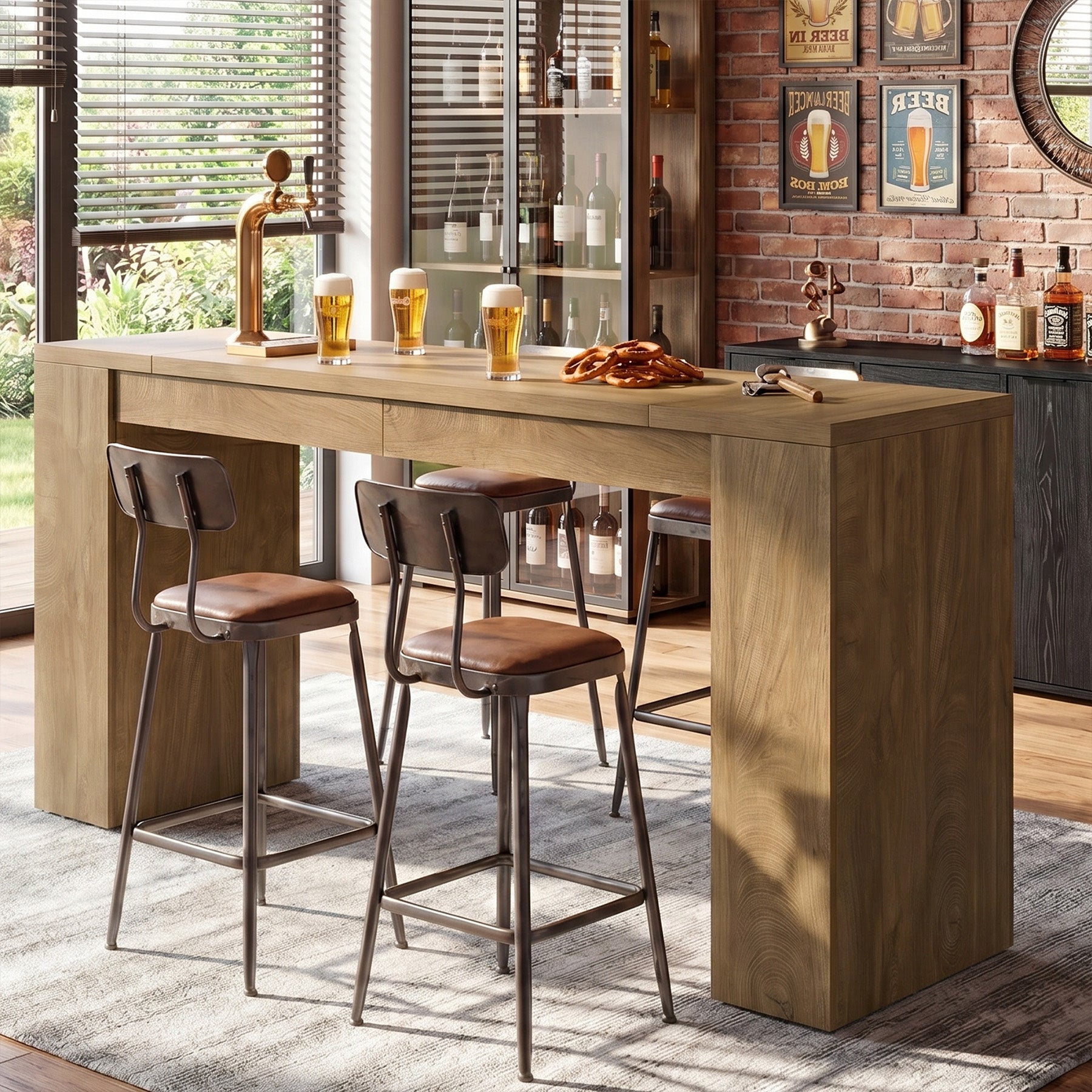 71" Long Bar Table, Wooden Farmhouse Counter Height Home Bar Table