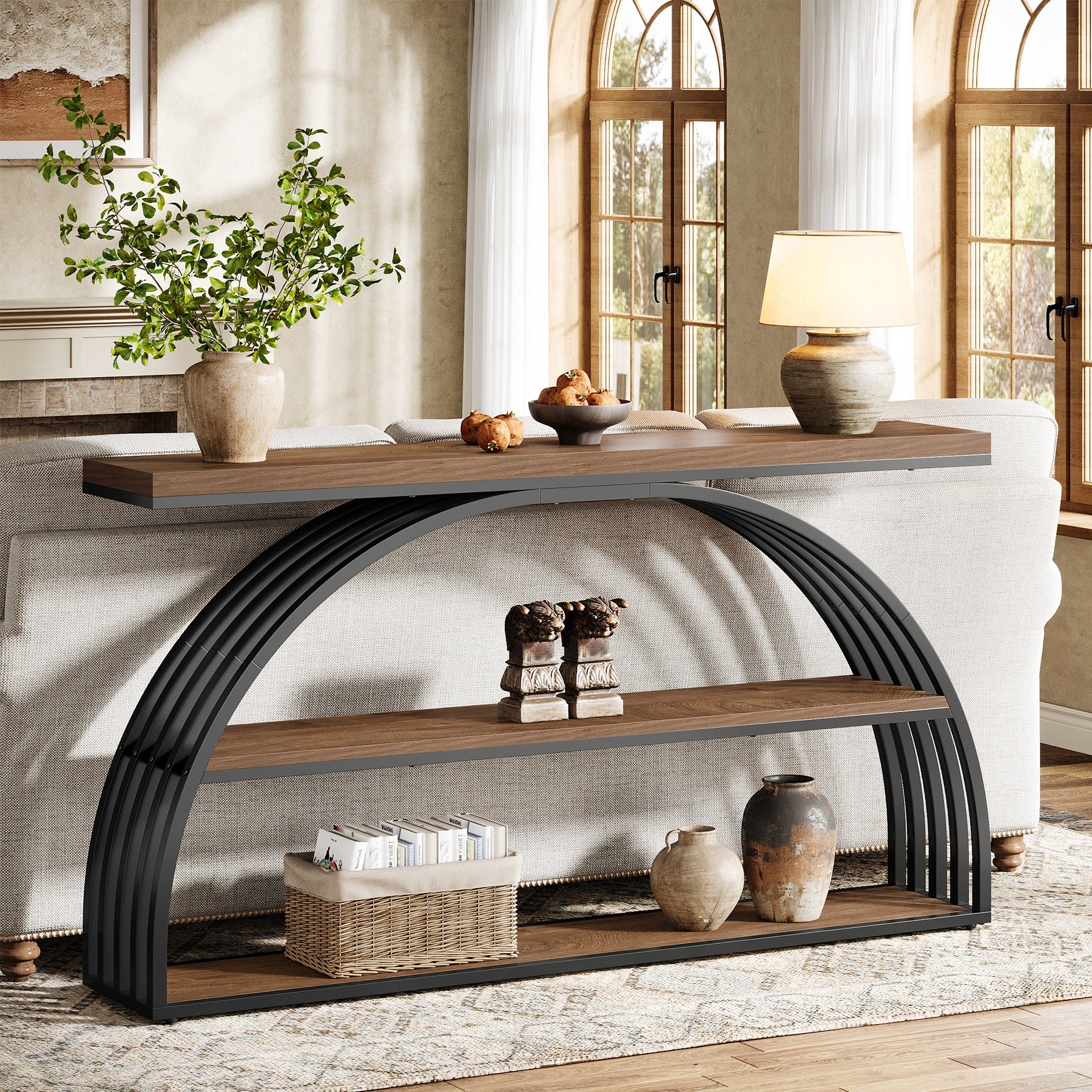 63" Console Table, 3-Tier Sofa Entryway Table with Arched Frame