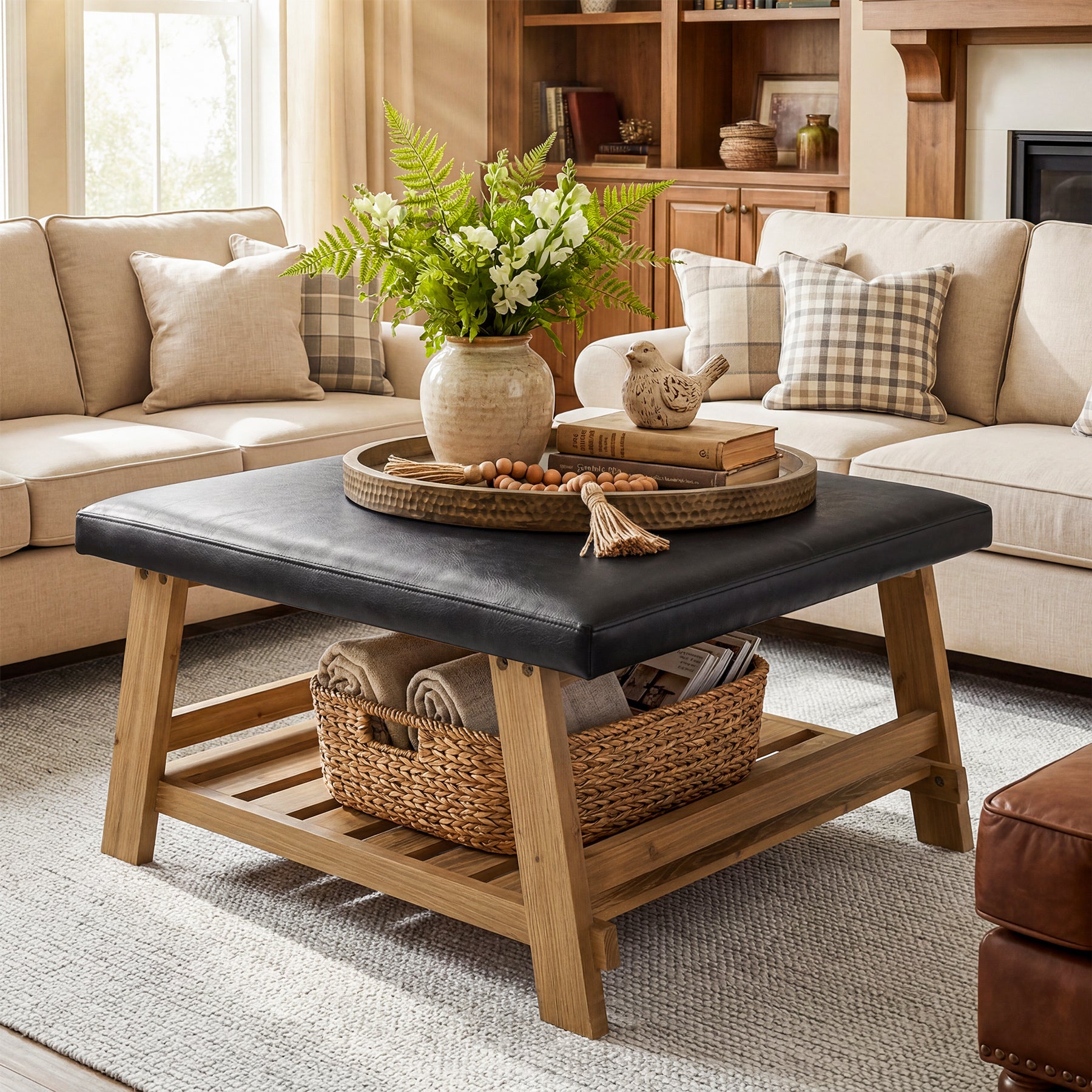 31.5" Square Ottoman Coffee Table with Storage Shelf
