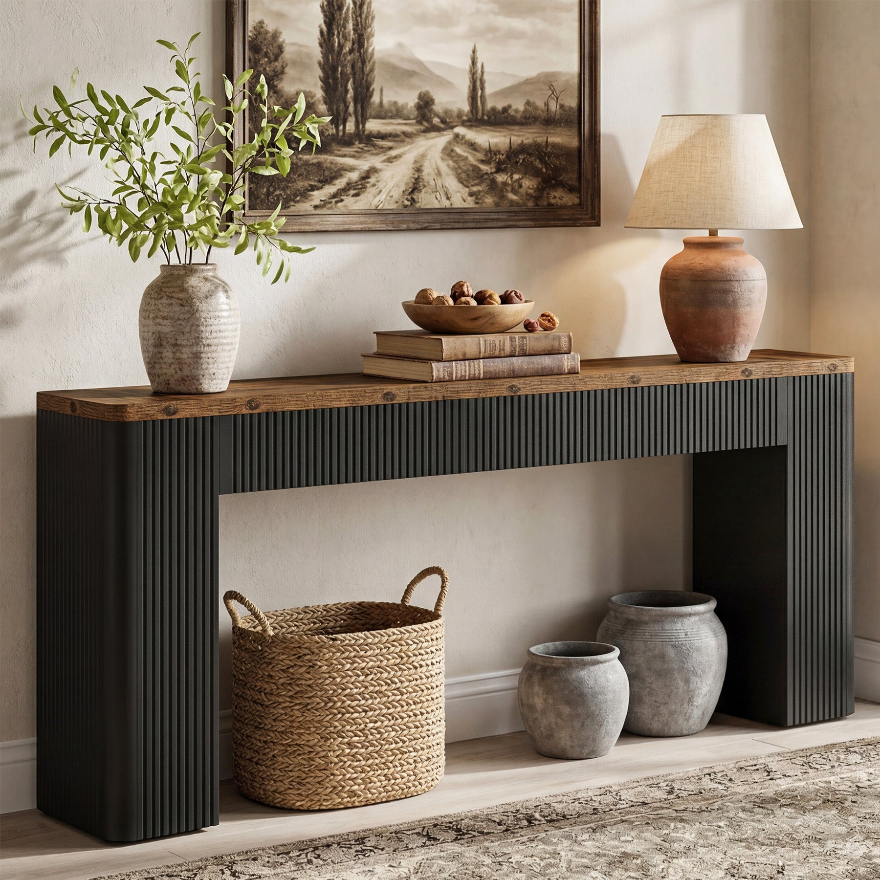 82.7" Long Console Table, Fluted Narrow Sofa Table Entryway Table with Curved Edges