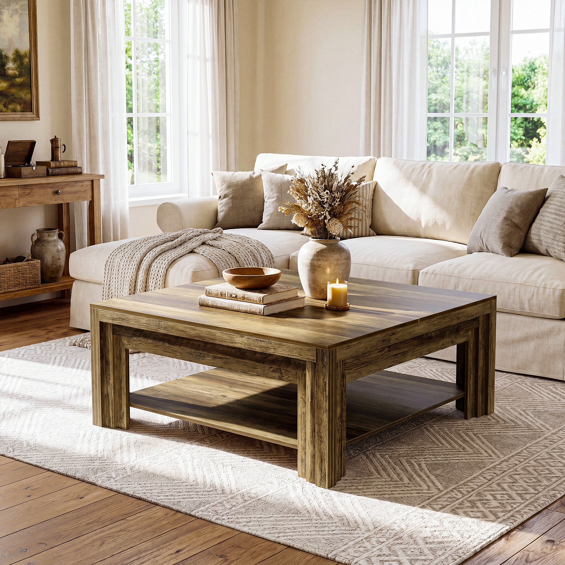 Farmhouse Square Coffee Table with Shelf