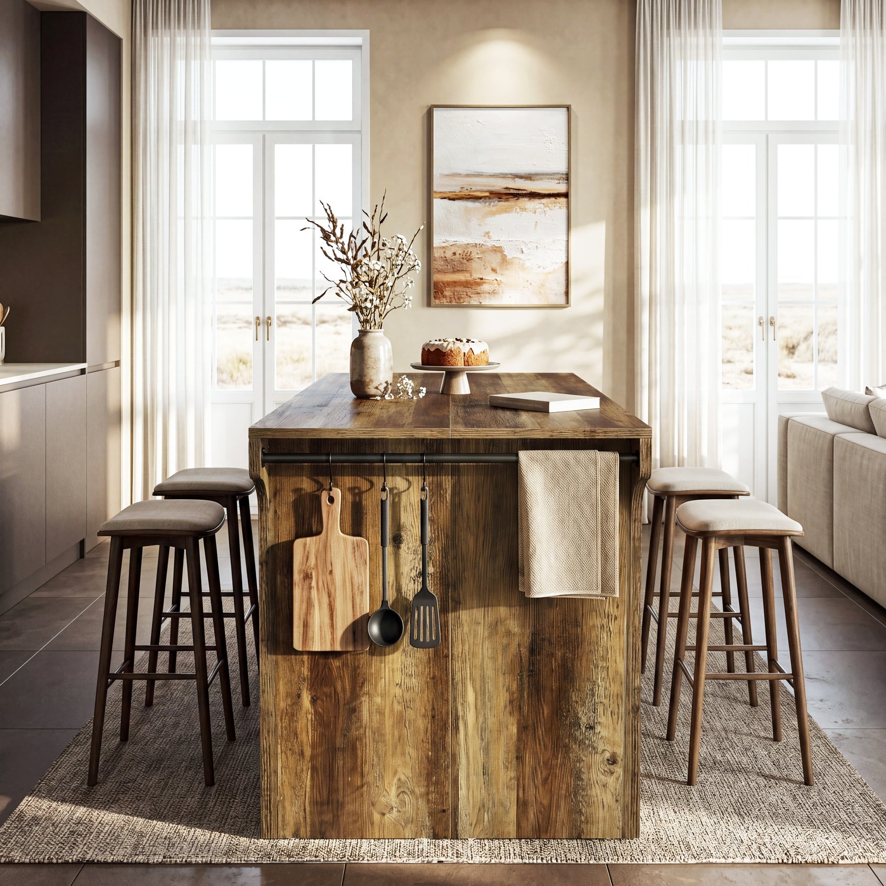 55" Wooden Kitchen Island, Stationary Dinner Prep Station with 2 Shelves