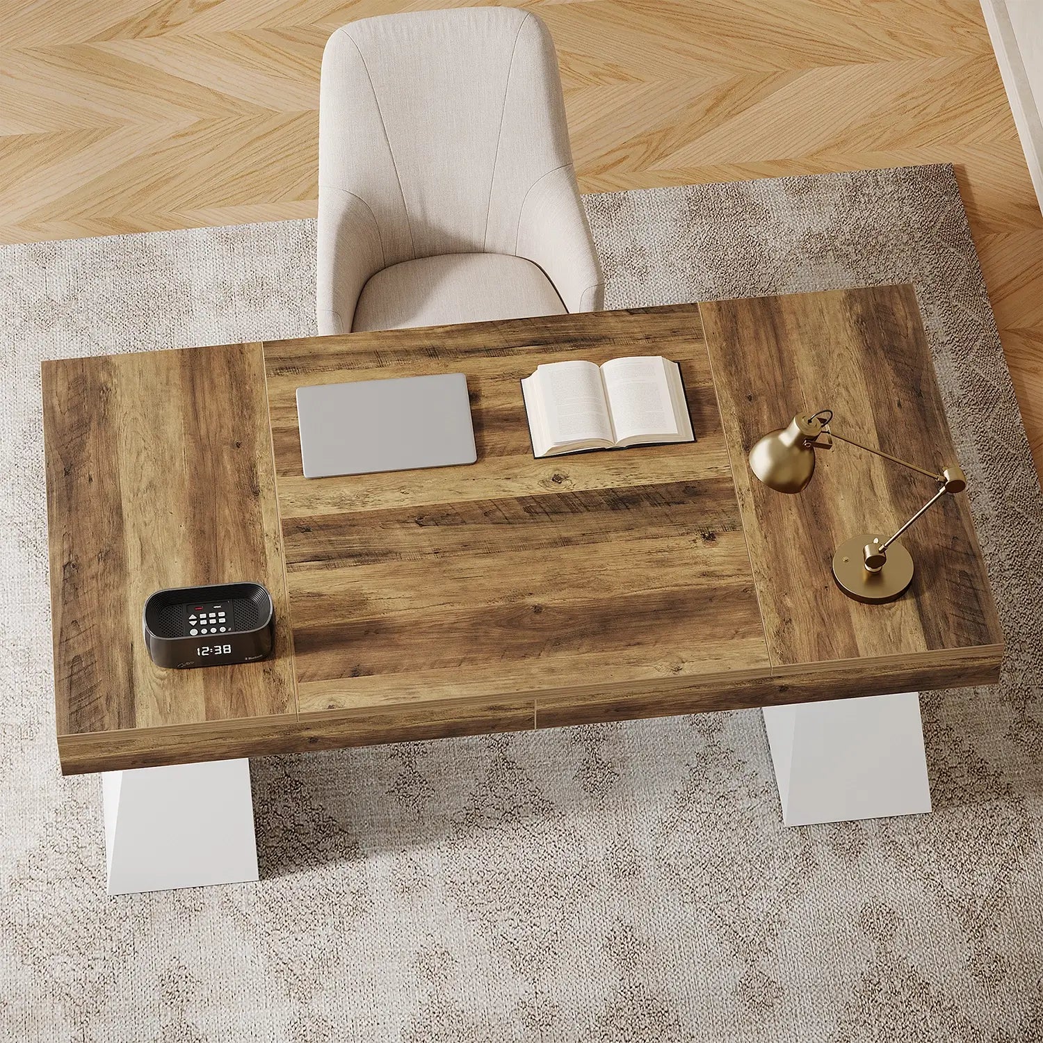 55" Executive Desk with Double Trapezoid Base, Modern Wooden Computer Desk for Home Office