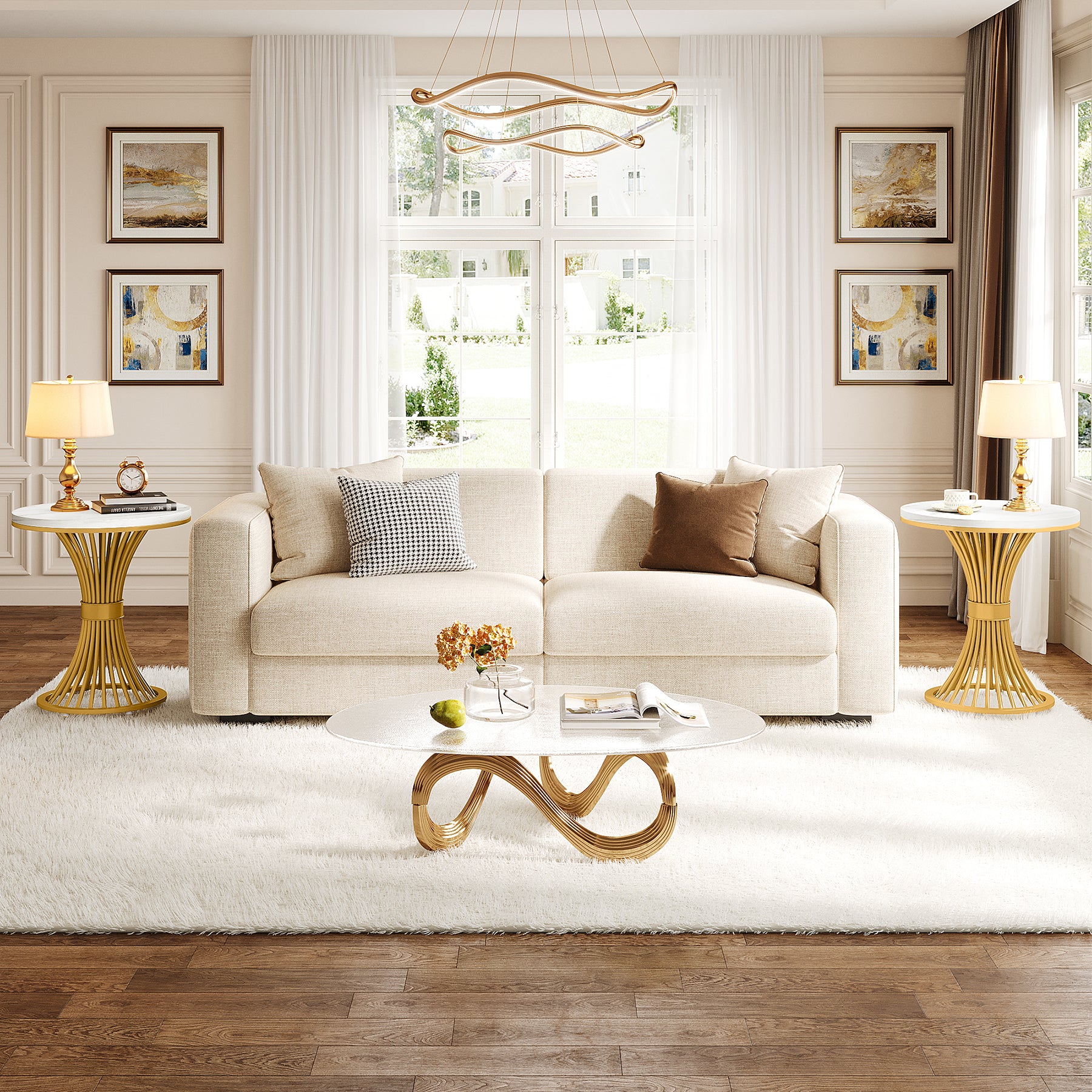 Tribesigns Set of 2 Round End Tables, Modern Faux Marble with Gold Base