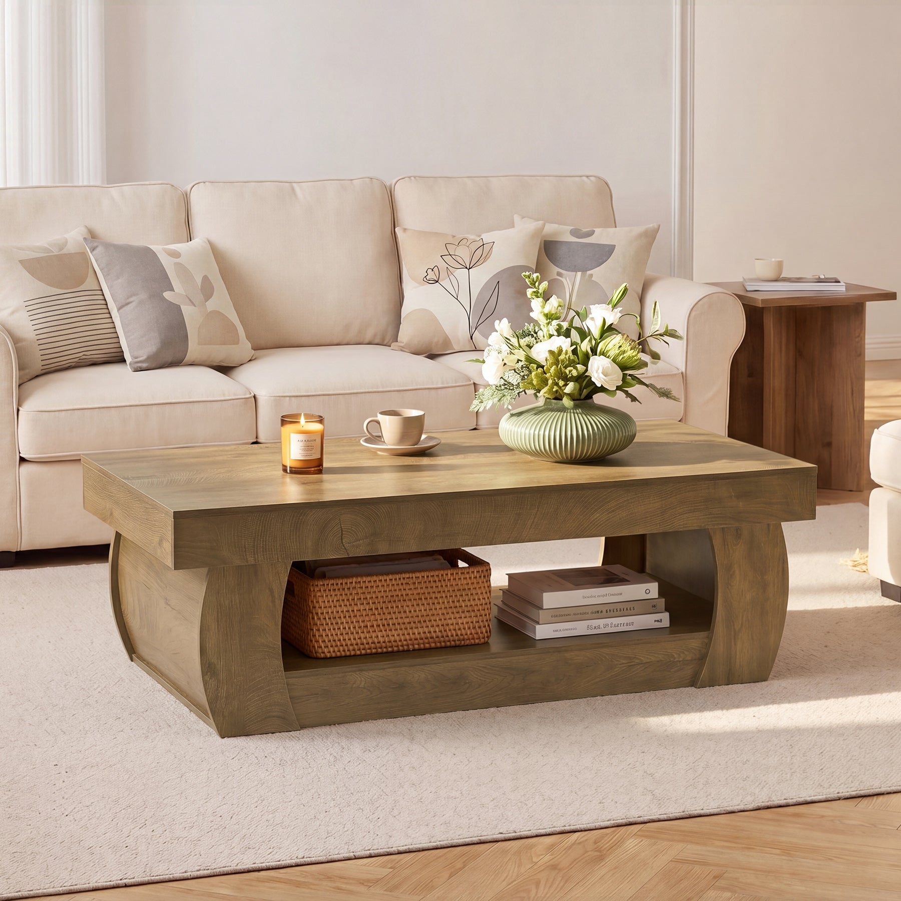 55" Farmhouse Coffee Table with Storage and Curved Pedestal Base