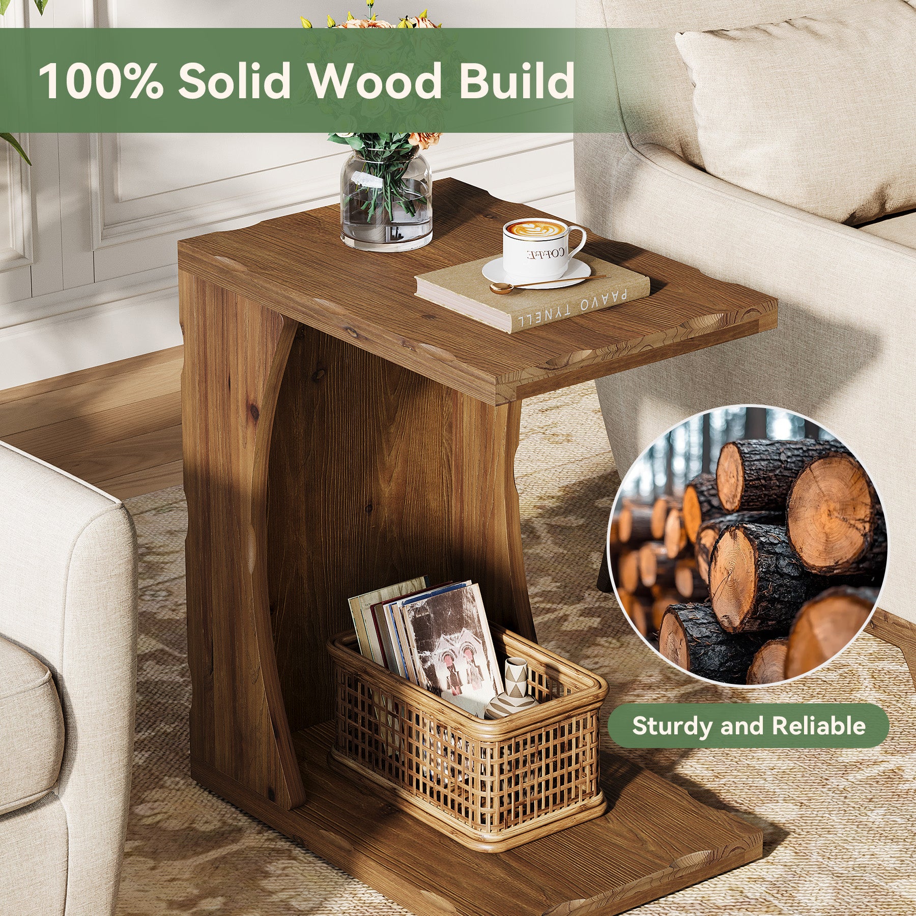 C-Shaped End Table, Solid Wood Narrow Side Table with Storage Shelf