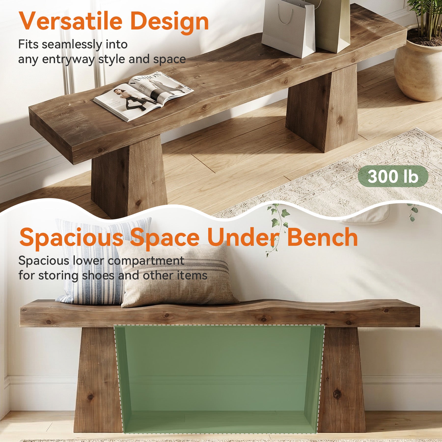 Solid Wood Entryway Bench, 59" End of Bed Bench with Wavy Edges Design