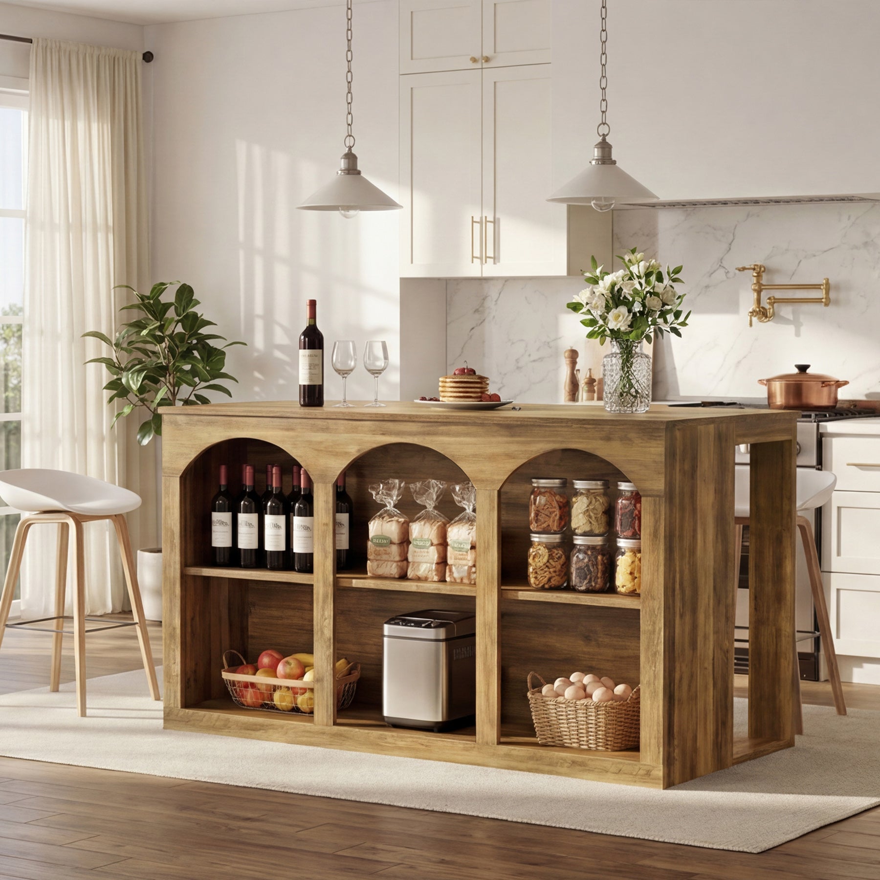 Wooden Kitchen Island, 55" Counter Height Coffee Bar Table with 2-Tier Shelves