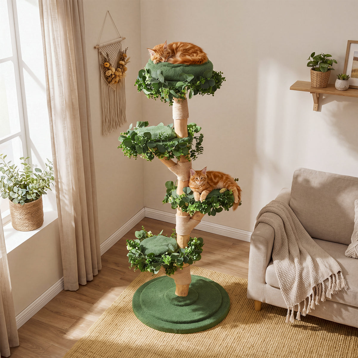Solid Wood Cat Tree, 59.06" Tall Cat Tower with Sisal Scratching Posts, Washable & Removable Cushions