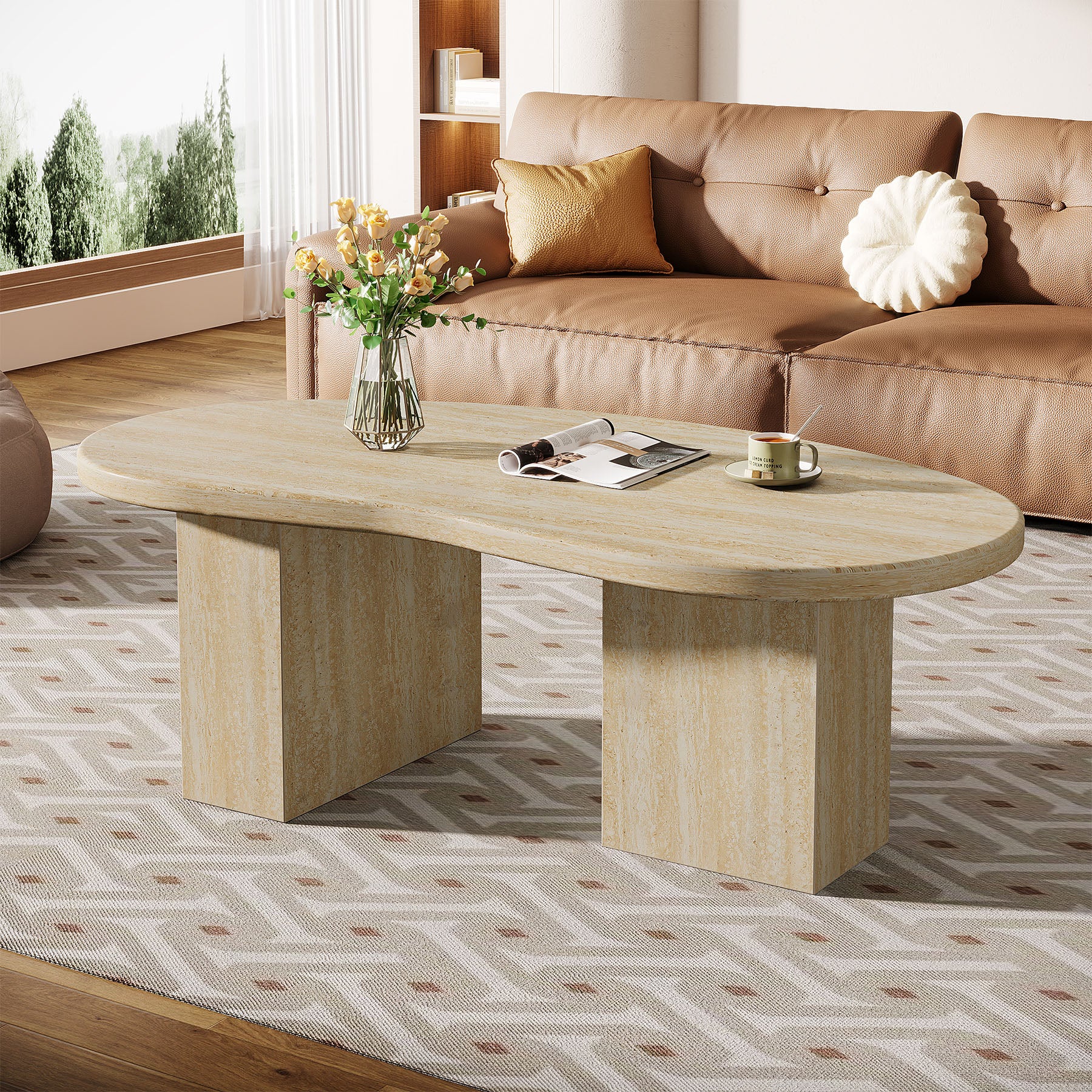 Oval Coffee Table, 45.27" Center Cocktail Table with Asymmetric Pedestal