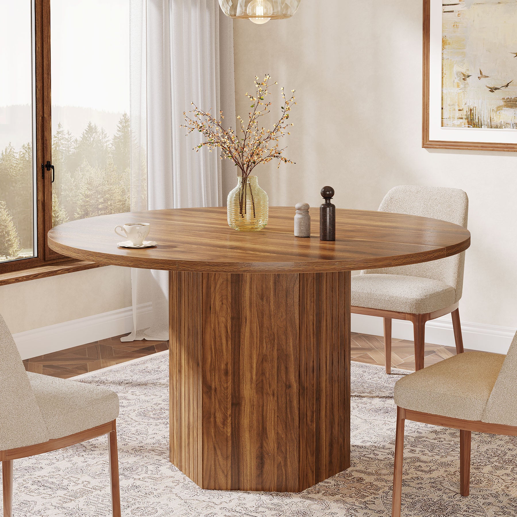 47" Round Dining Table, Kitchen Table with Pedestal Base for 4-6
