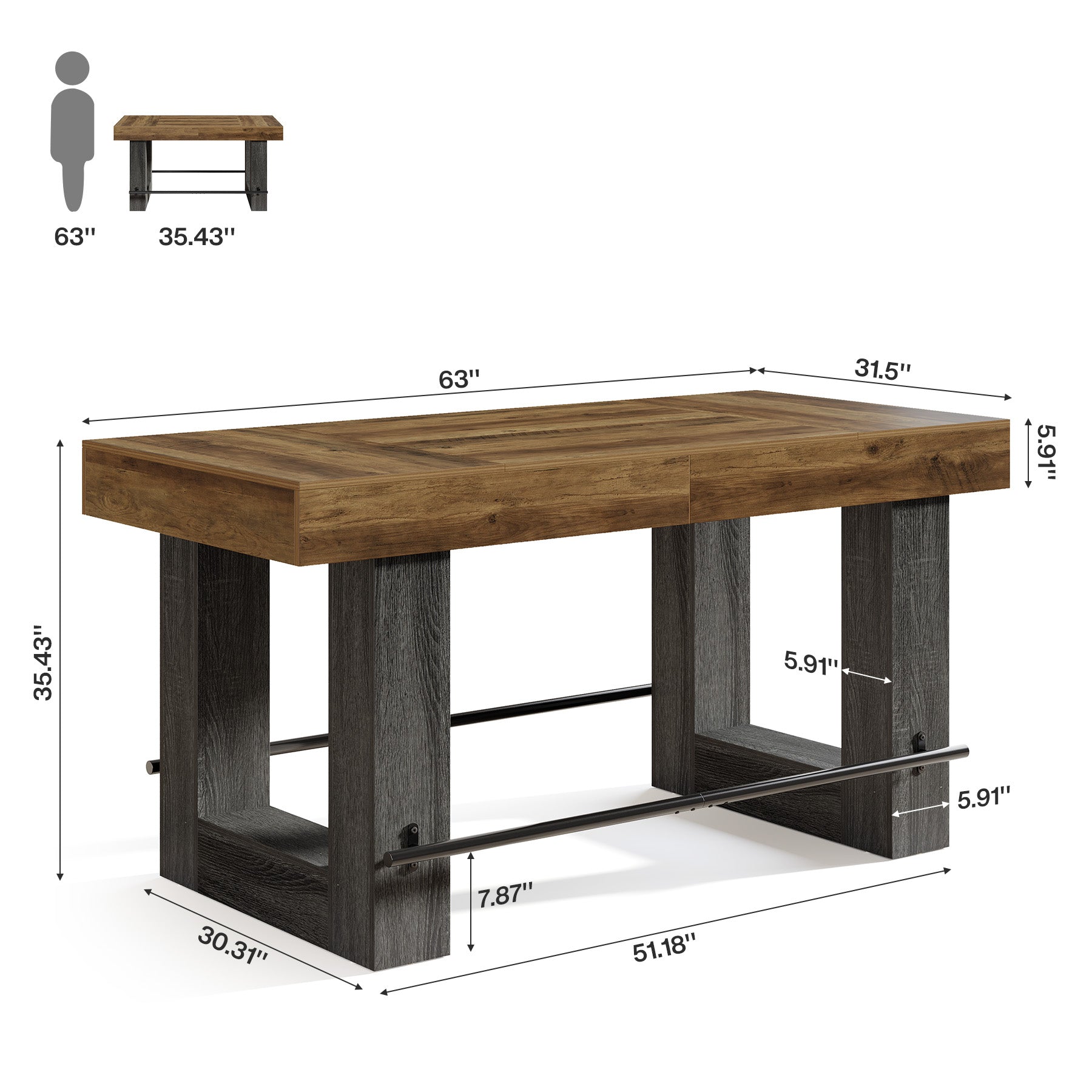 63" Counter Height Bar Table, Large High Top Pub Table Kitchen Island