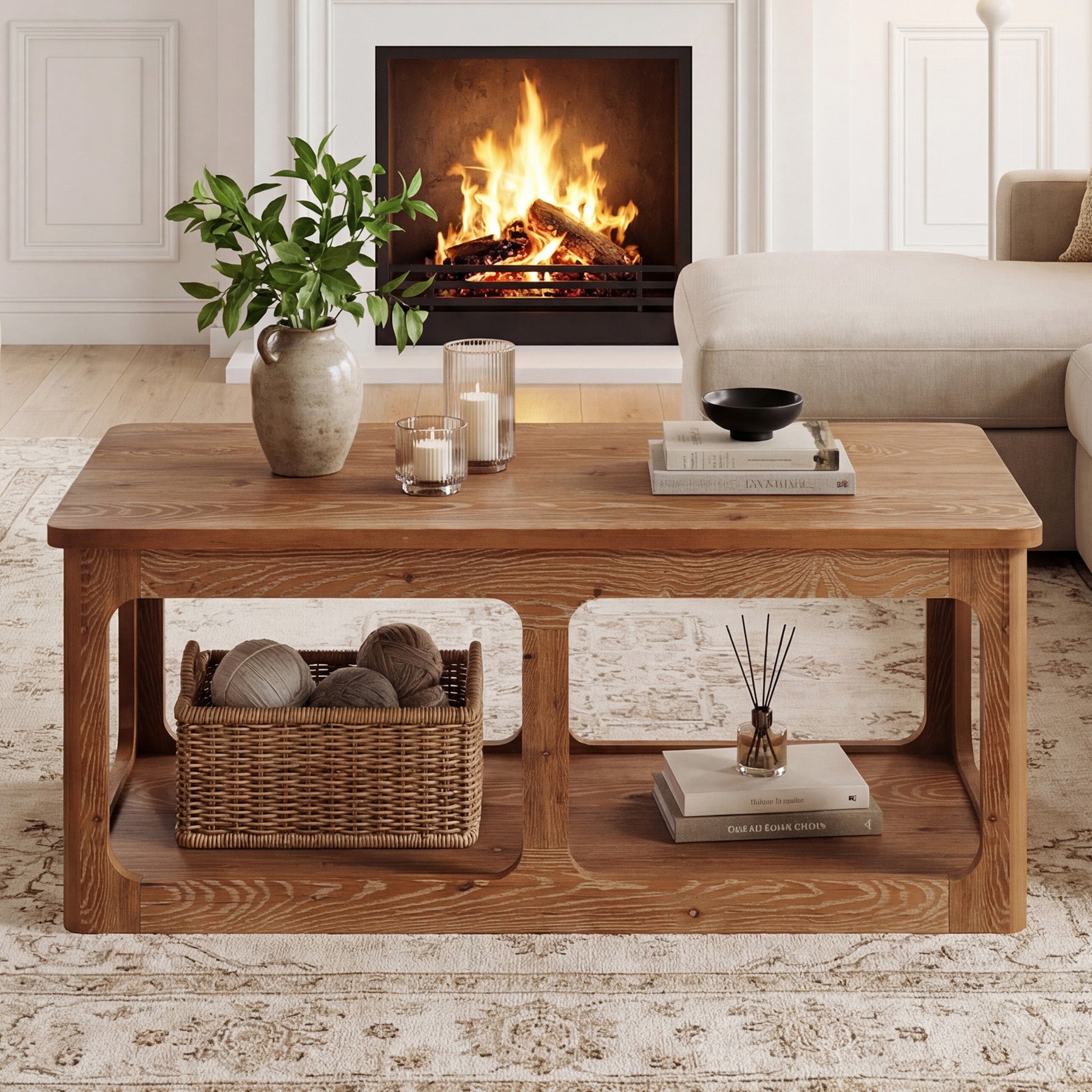 47.2" Rectangle Coffee Table, 2-Tier Solid Wood Center Table Cocktail Tea Table