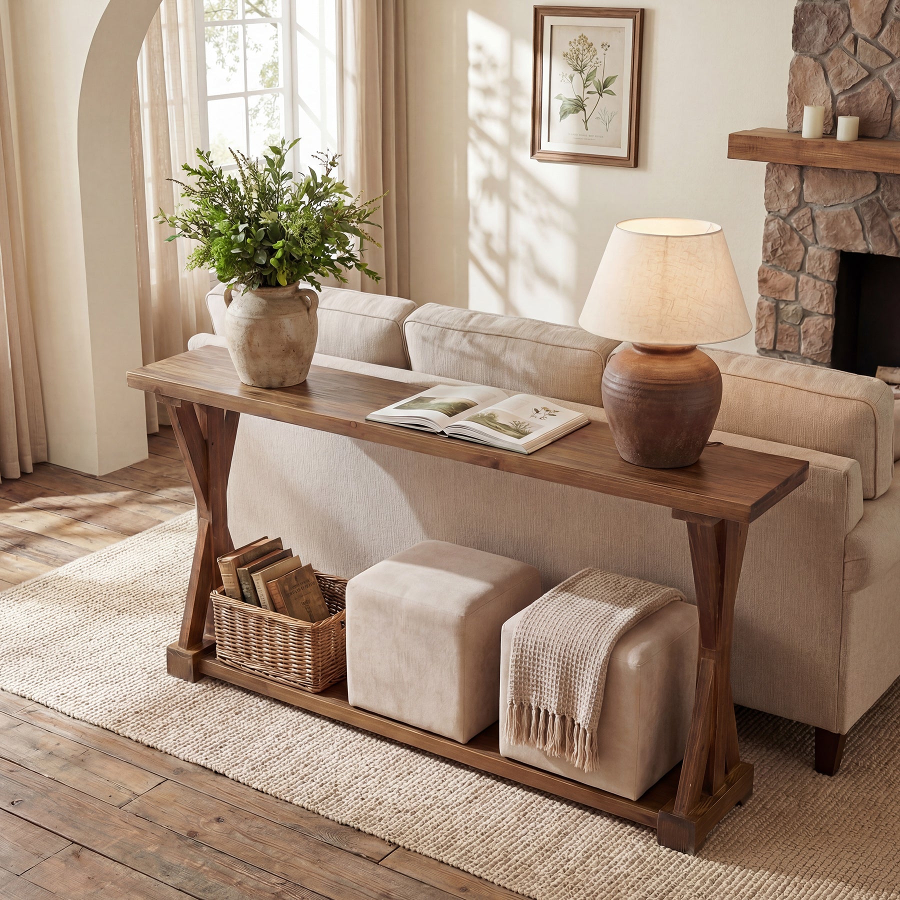 63" Narrow Console Table, Farmhouse Solid Wood Entryway Table with 2-Tier Storage