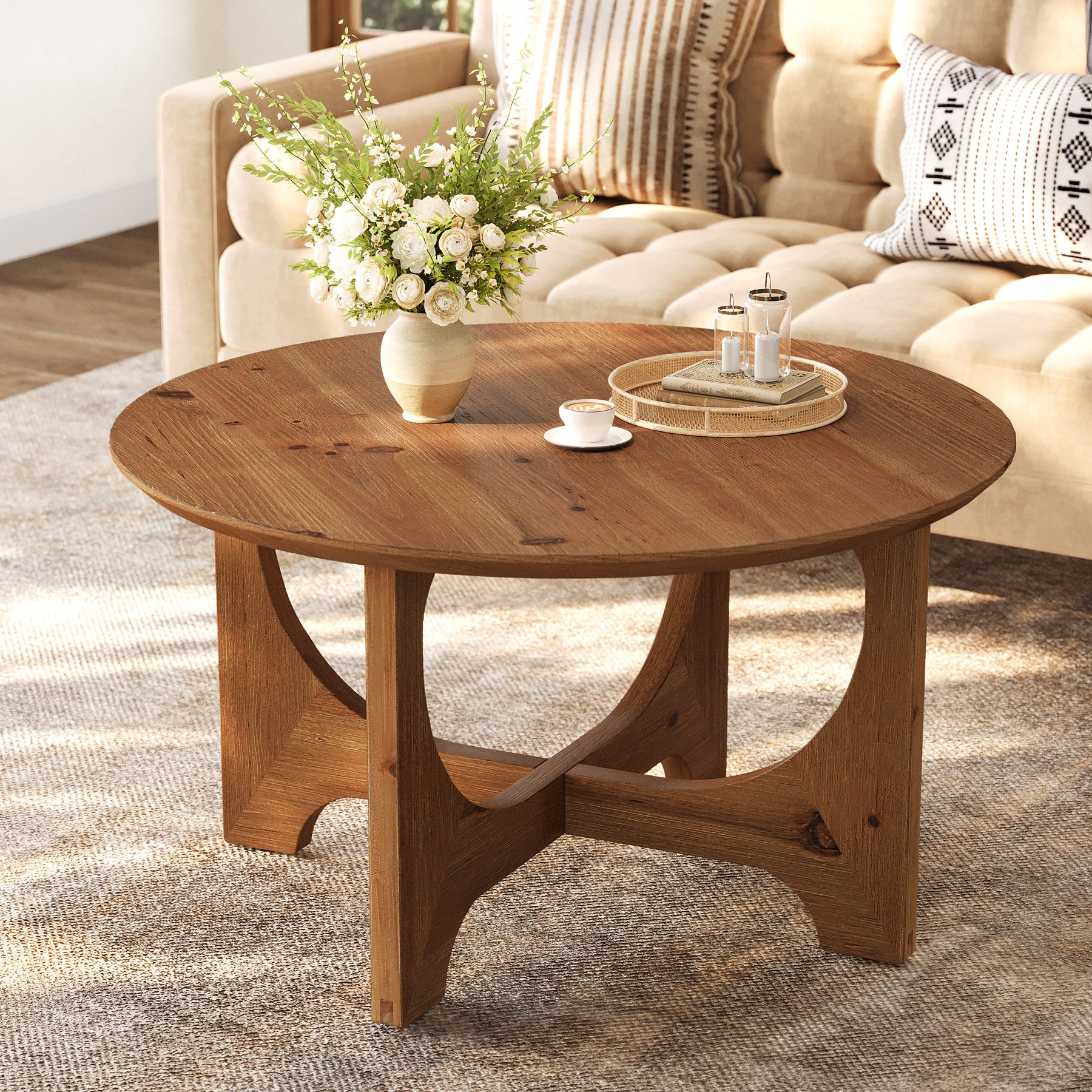 Solid Wood Coffee Table, 31.5" Round Center Table for Living Room
