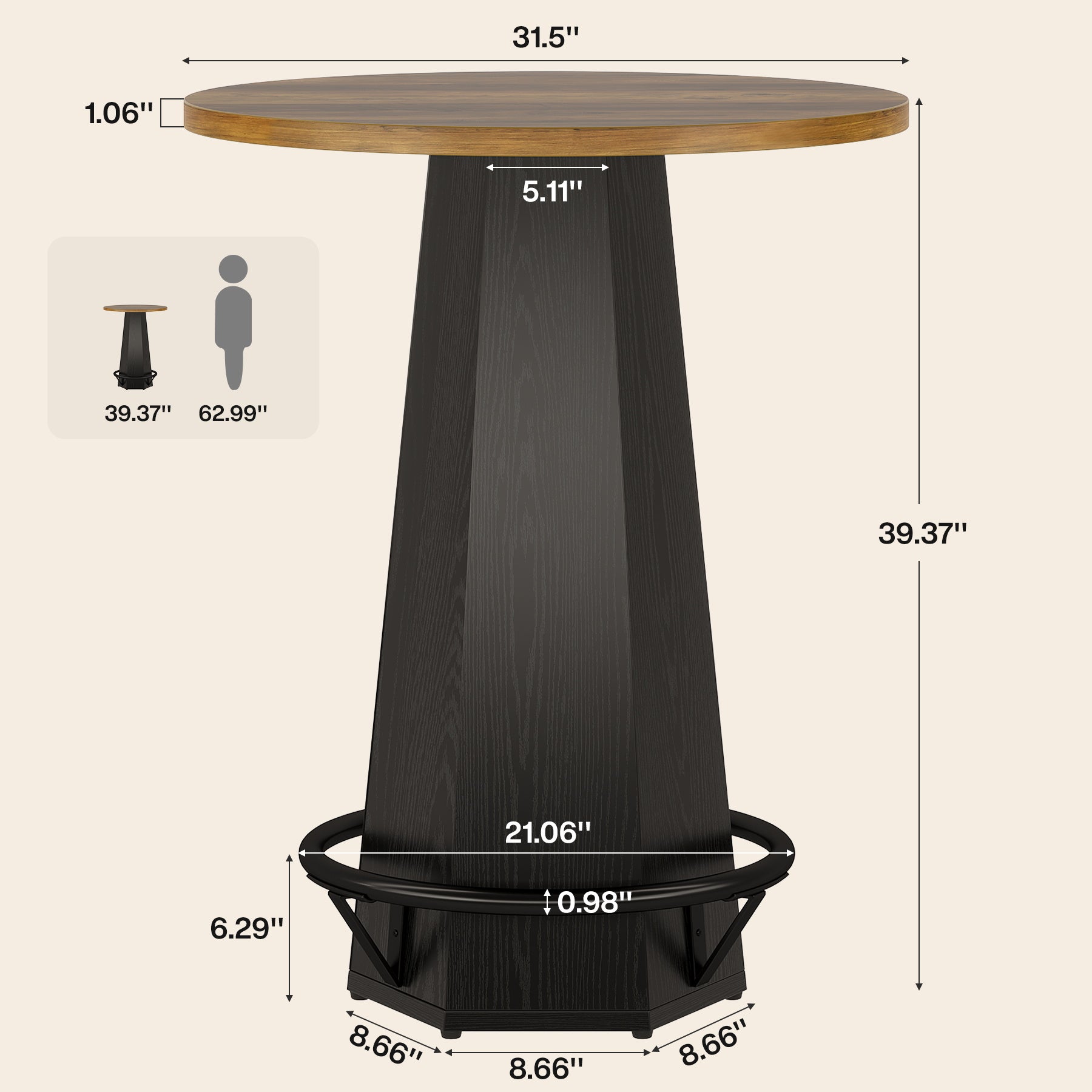 Round Bar Table, 39.4" H Bistro Pub Cocktail Table with Metal Footrest