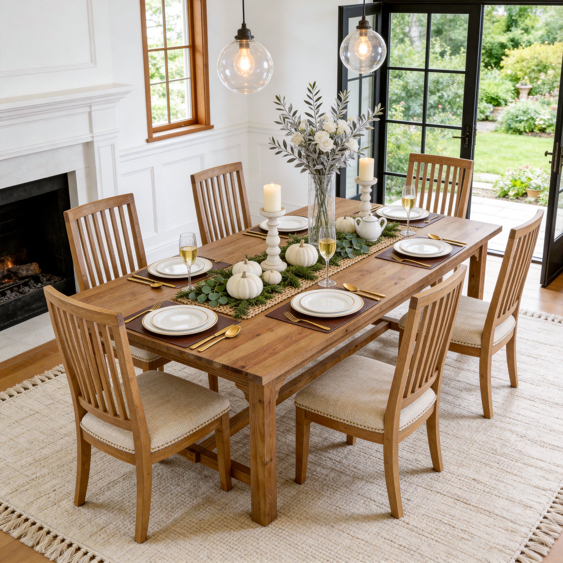 Solid Wood Dining Table, 63" Rectangular Kitchen Table with Foot Bar