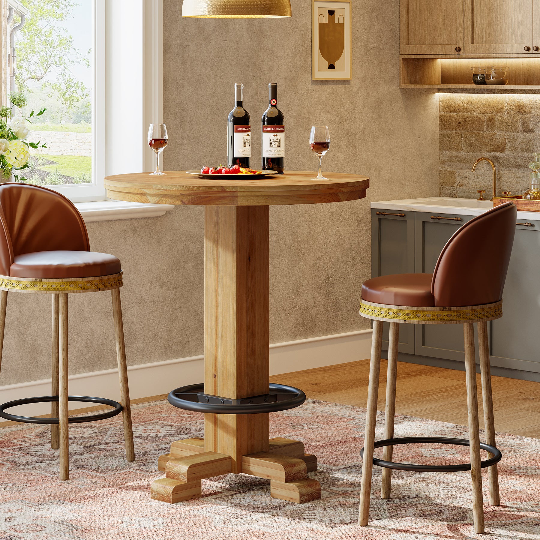 Solid Wood Round Bar Table, 37.4" H Bistro Pub Table with Metal Footrest