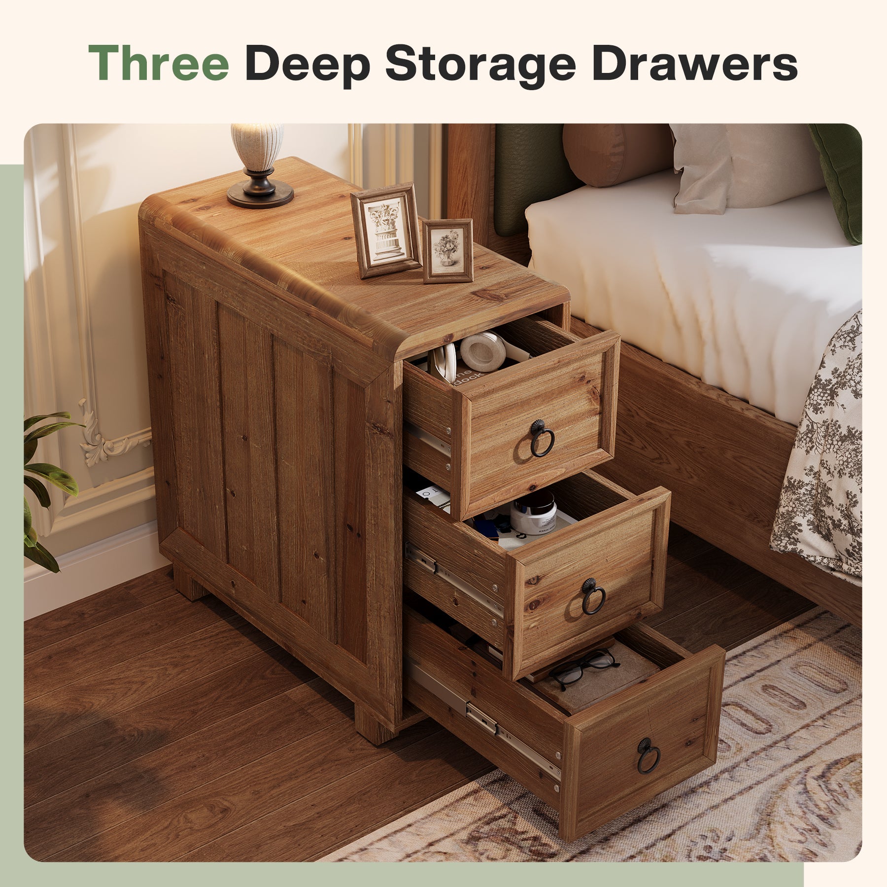 Solid Wood End Table, Narrow Side Table Nightstand with 3 Drawers