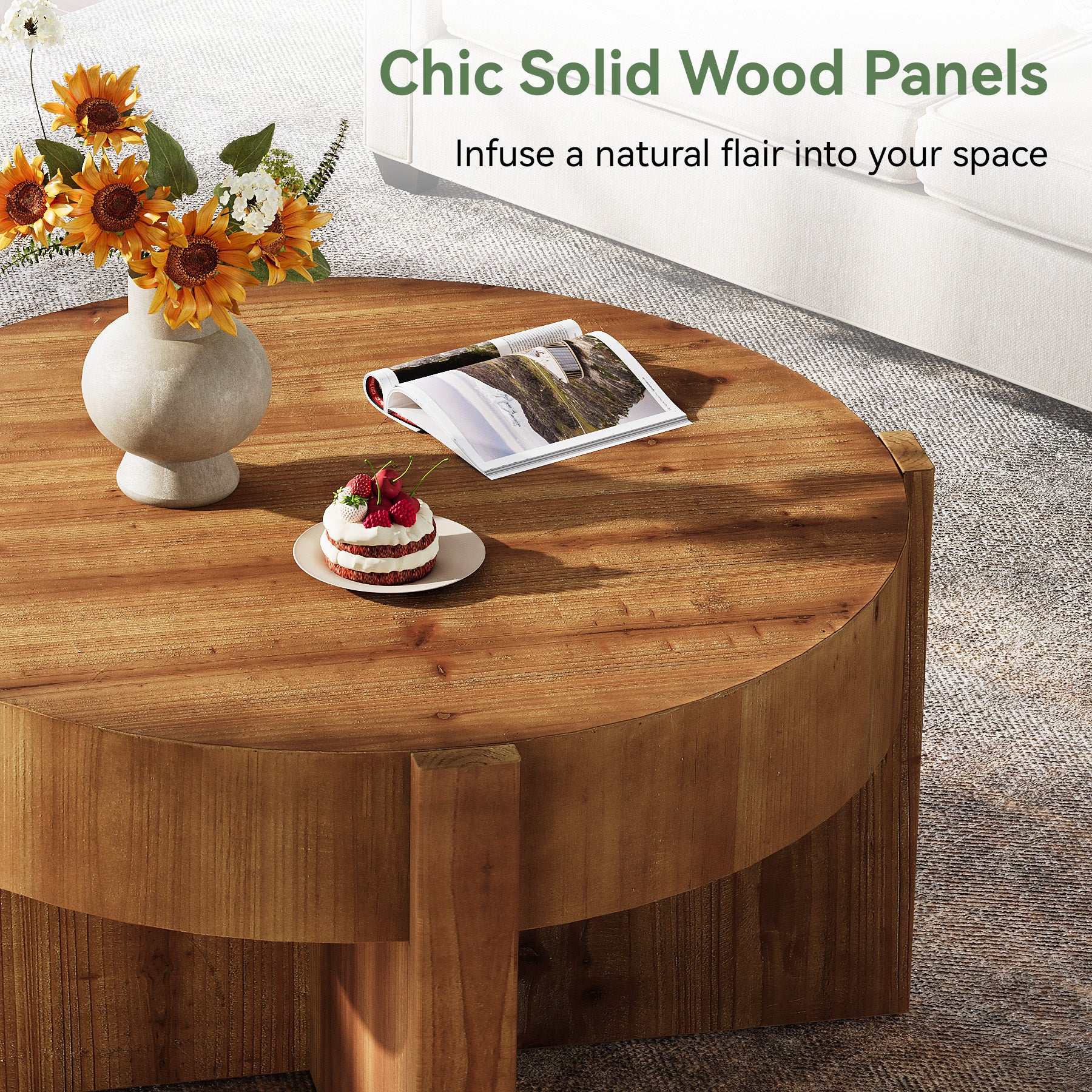 31.5" Round Coffee Table, Solid Wood Center Table with X-Shaped Legs