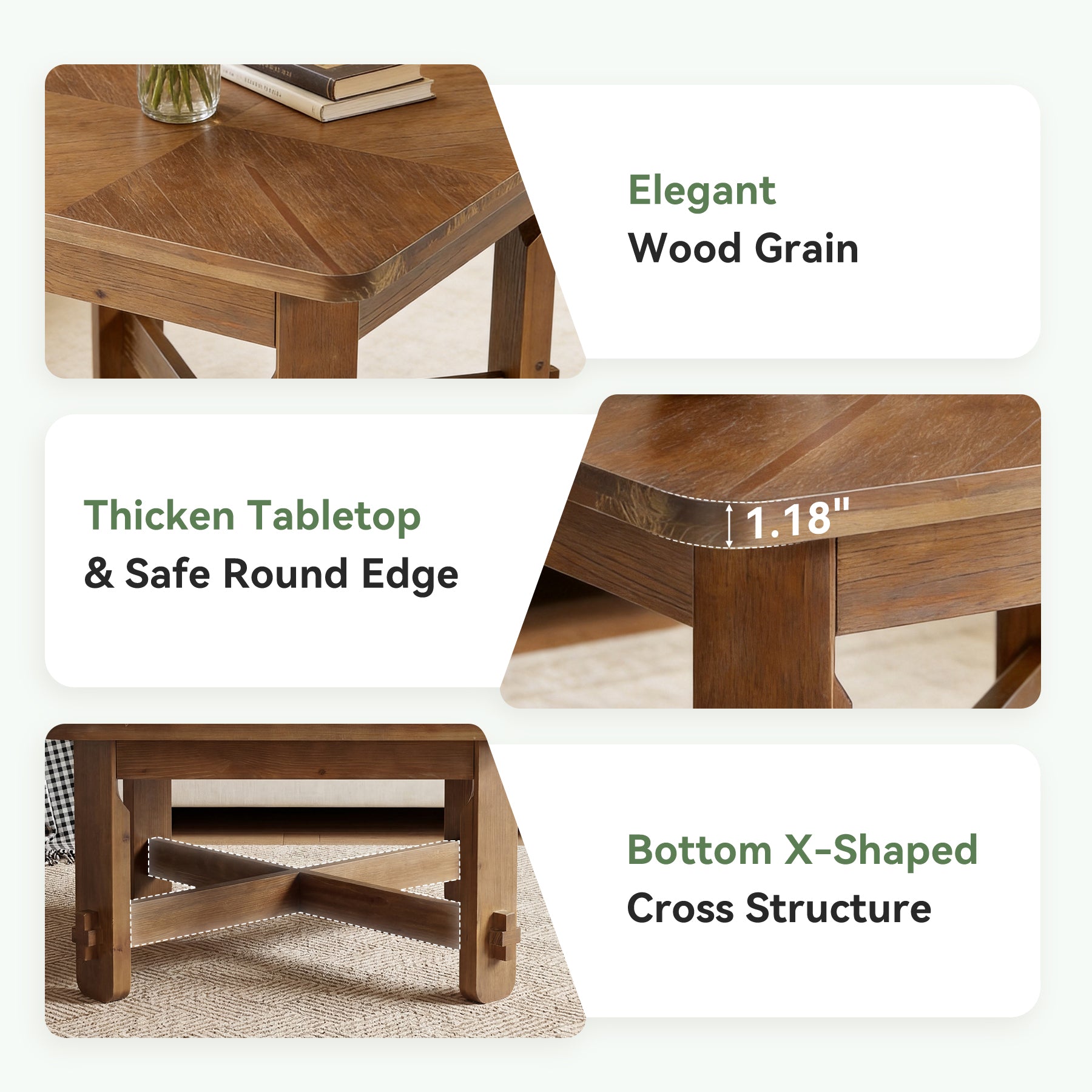 31.5 Inch Solid Wood Square Coffee Table, Farmhouse Center Table with Cross Base