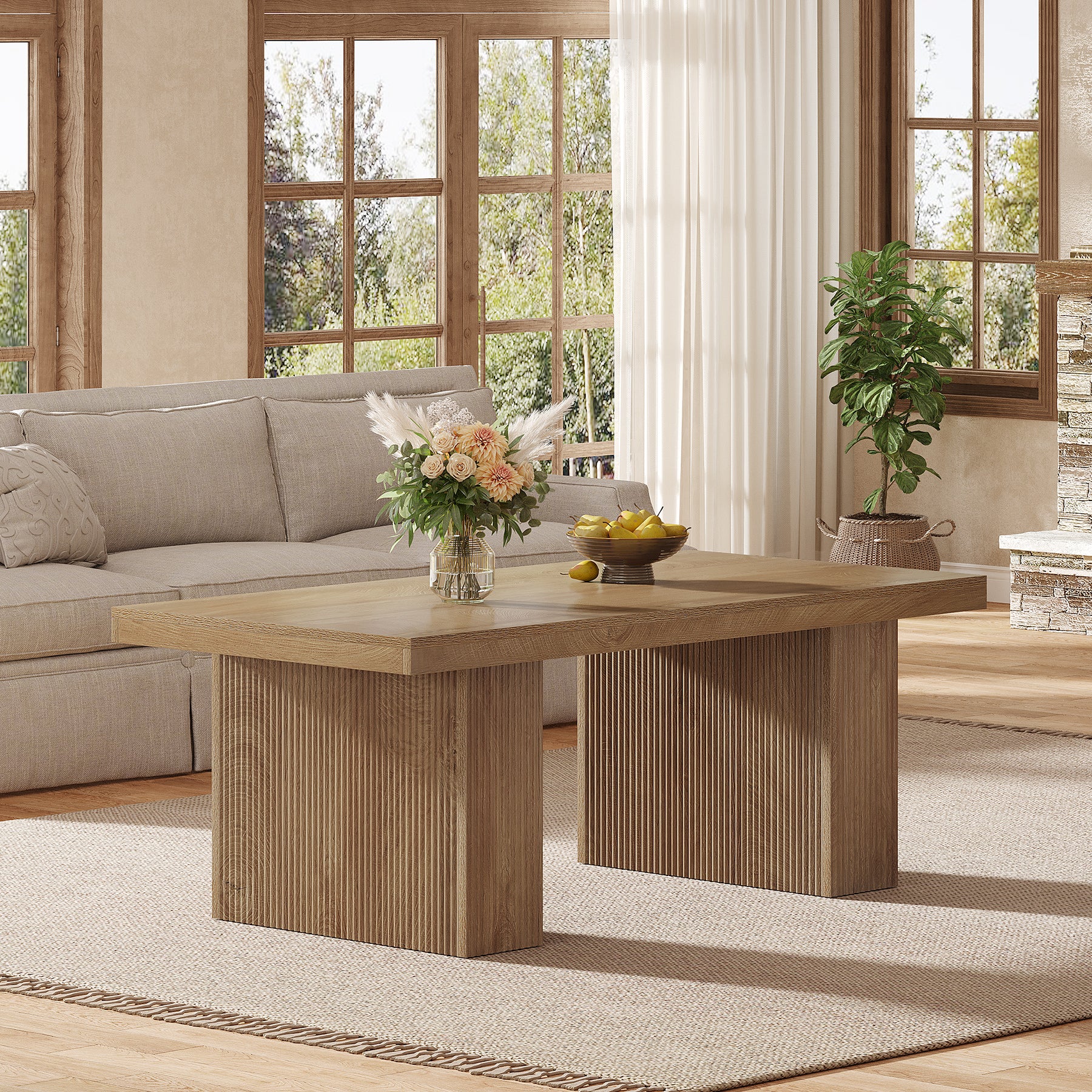 47.2" Wooden Coffee Table, Rectangle Center Table with Thick Base