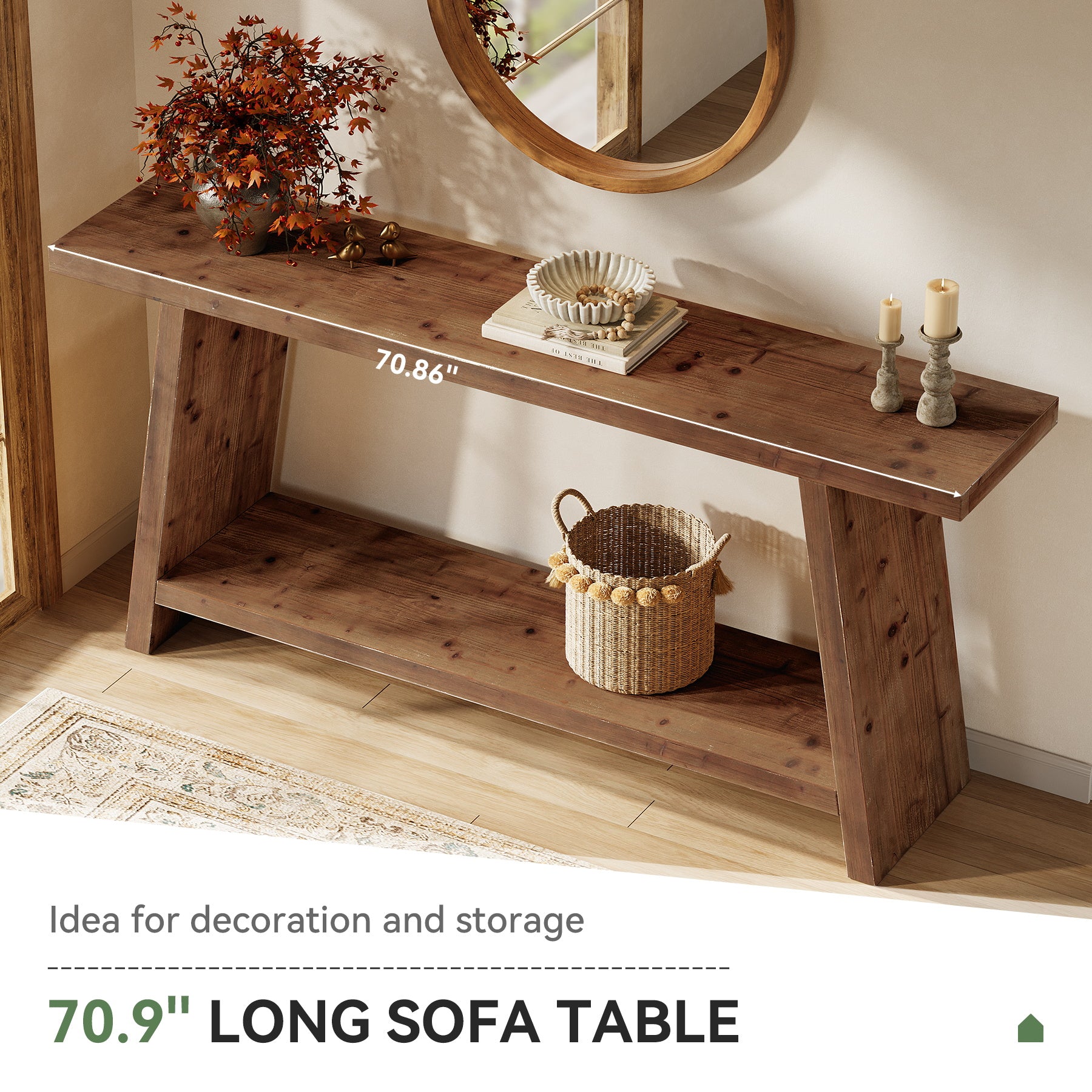 Solid Wood Console Table, 70.9" Sofa Table Behind Couch with 2-Tier Storage
