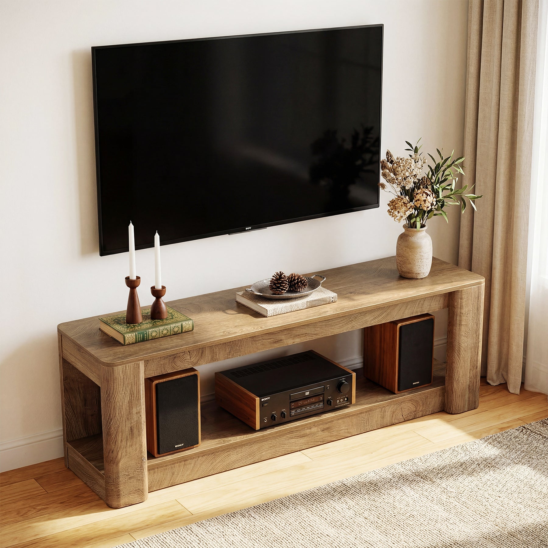 63" Farmhouse TV Stand for 55-75" TVs, Wood Media Console with Open Storage Shelves, Rustic Entertainment Center