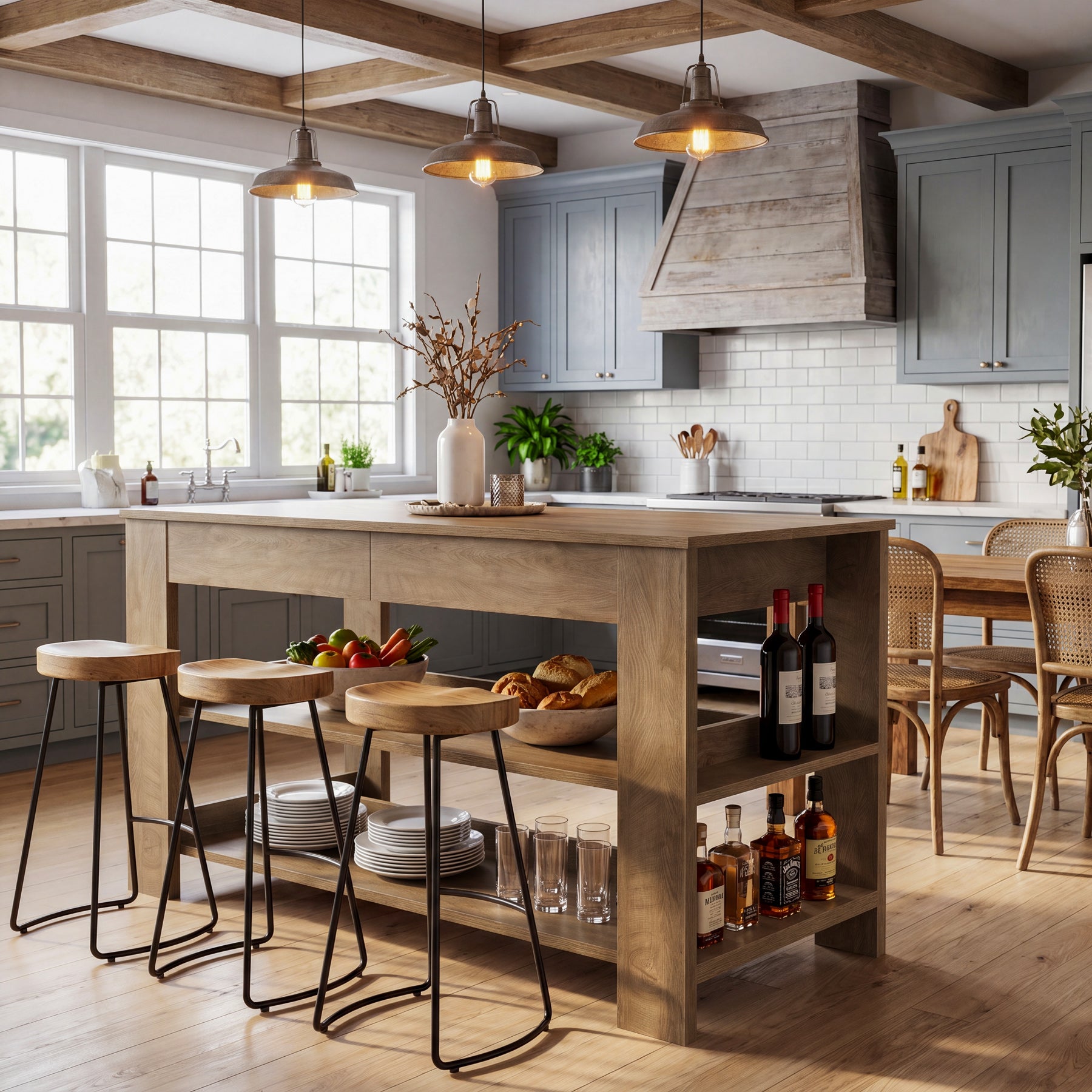55" Farmhouse Kitchen Island with 2 Drawers & Open Storage Shelves, Stationary Kitchen Island Table