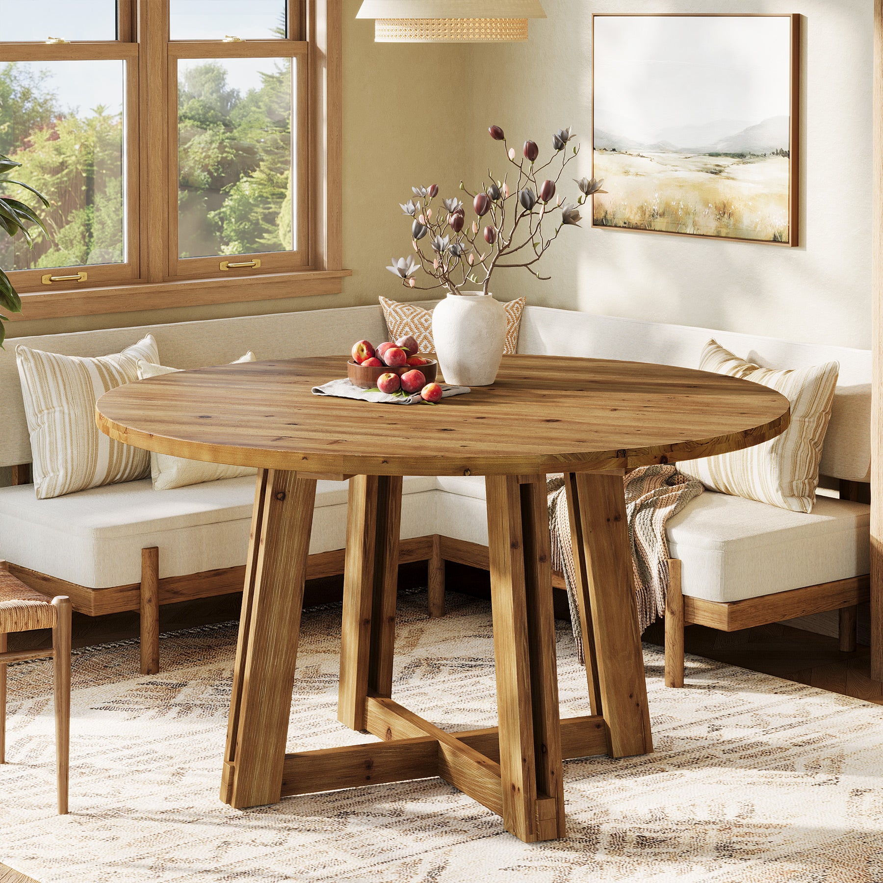 47" Round Dining Table, Solid Wood Kitchen Table with Sturdy Legs for 4-6