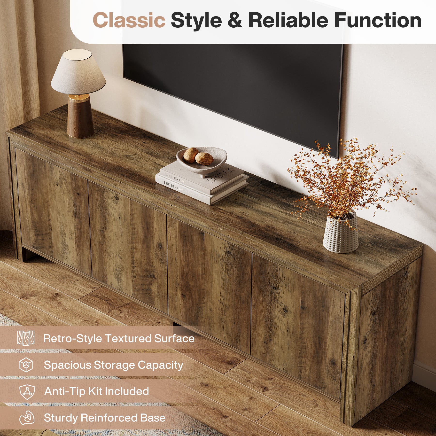 63" TV Stand, Entertainment Center with Storage Cabinet for TVs Up to 70"