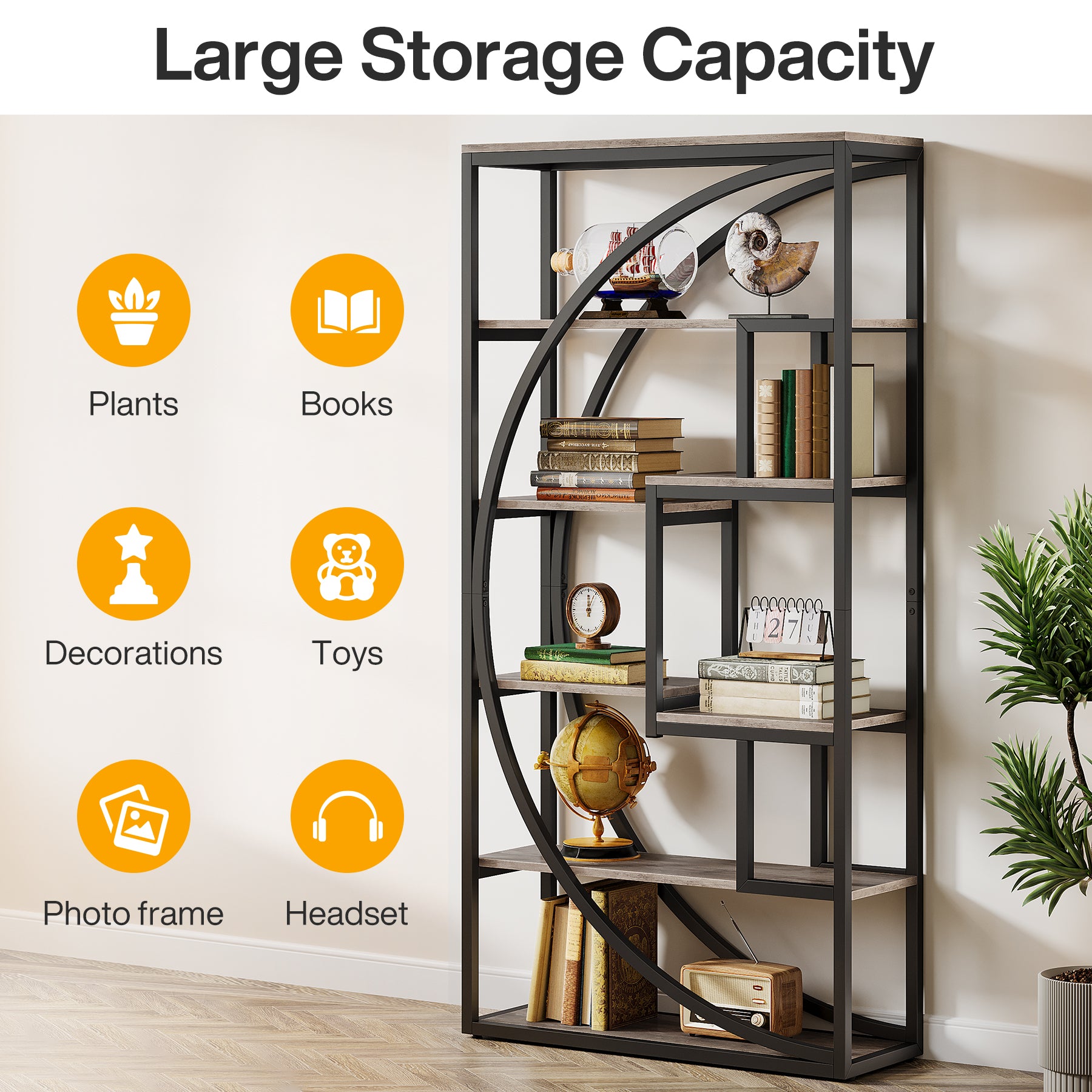 70.8” Tall Modern Geometric Bookcase, 5-Tier Etagere with 8 Open Shelves