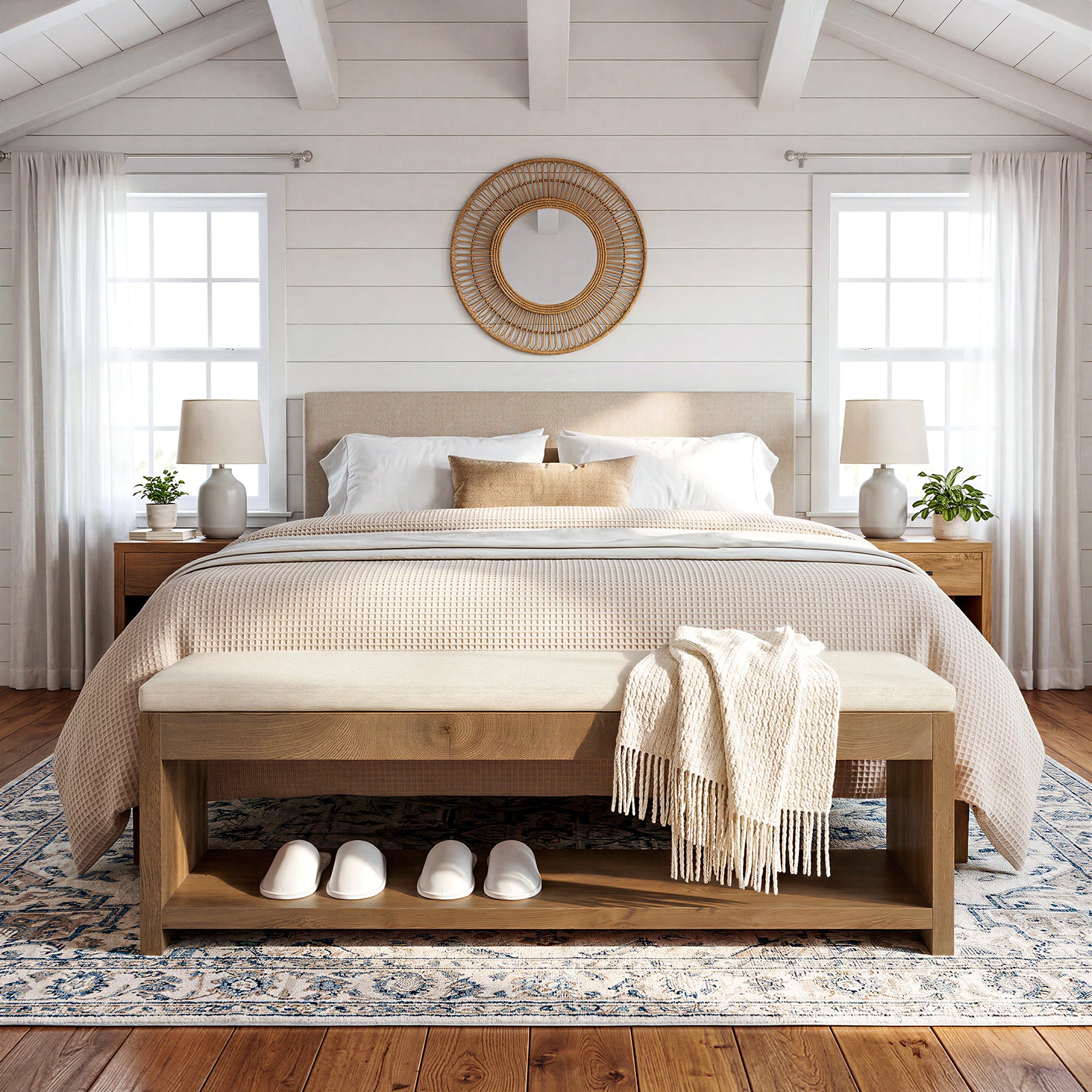Upholstered End of Bed Bench, 55" Wooden Storage Bench with Shoe Rack